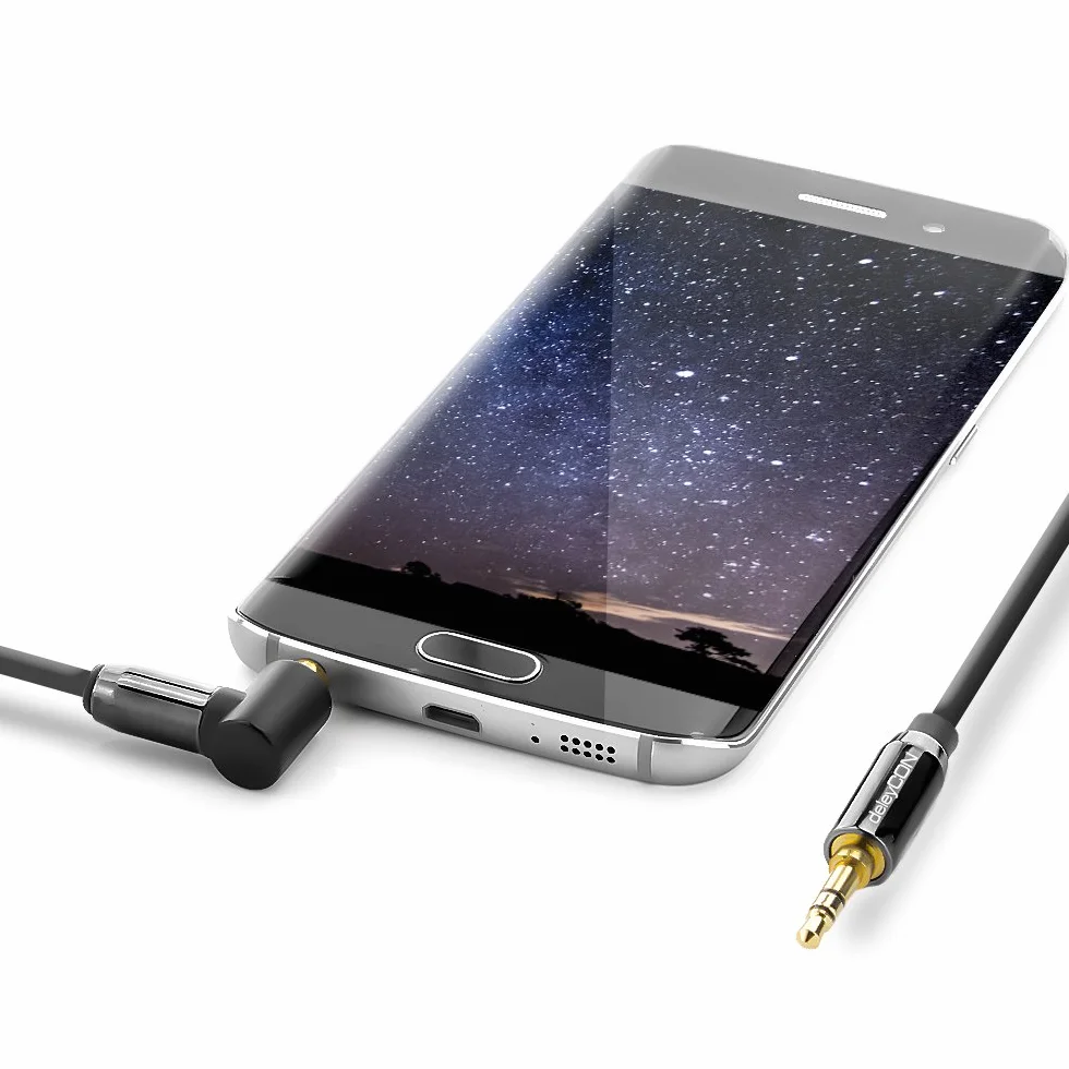 deleyCON 2m Kabel Jack 3,5 mm AUX Kabel Audio Stereo Wtyk Jack 1x Pod Kątem 90° do PC Laptopa Telefonu Smartfona Tabletu Samochodu Amplitunera HiFi - Czarny