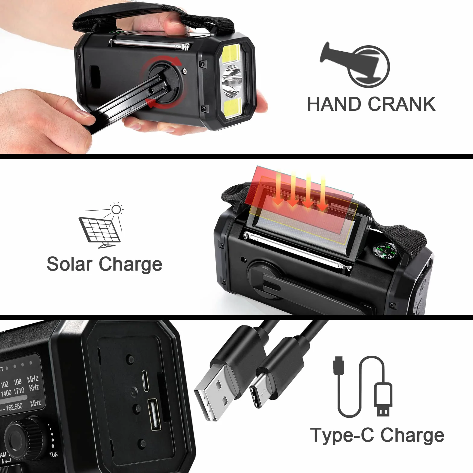 Awaryjne radio pogodowe 10 000 mAh, przenośne radio survivalowe FM/AM/NOAA zasilane bateryjnie i power bank, ładowarka solarna/korba/typ C, latarka, lampka do czytania, kompas,