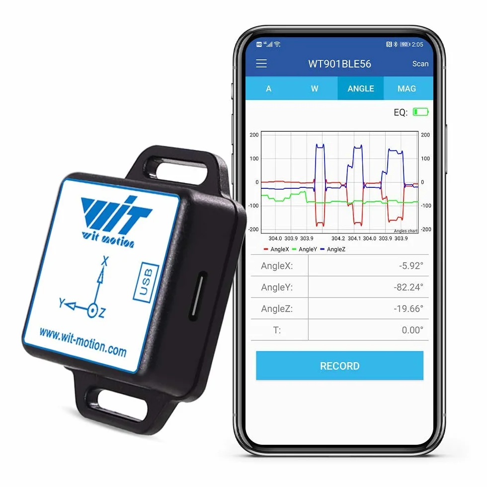 WT901BLECL Bluetooth BLE 5.0 50 m niskie zużycie energii IMU 9-osiowy czujnik nachylenia, 3-osiowy kąt nachylenia (Roll Pitch Yaw) przyspieszeniomierz żyroskop magnetyczny MPU9250 oferta PC Softwre/Android App