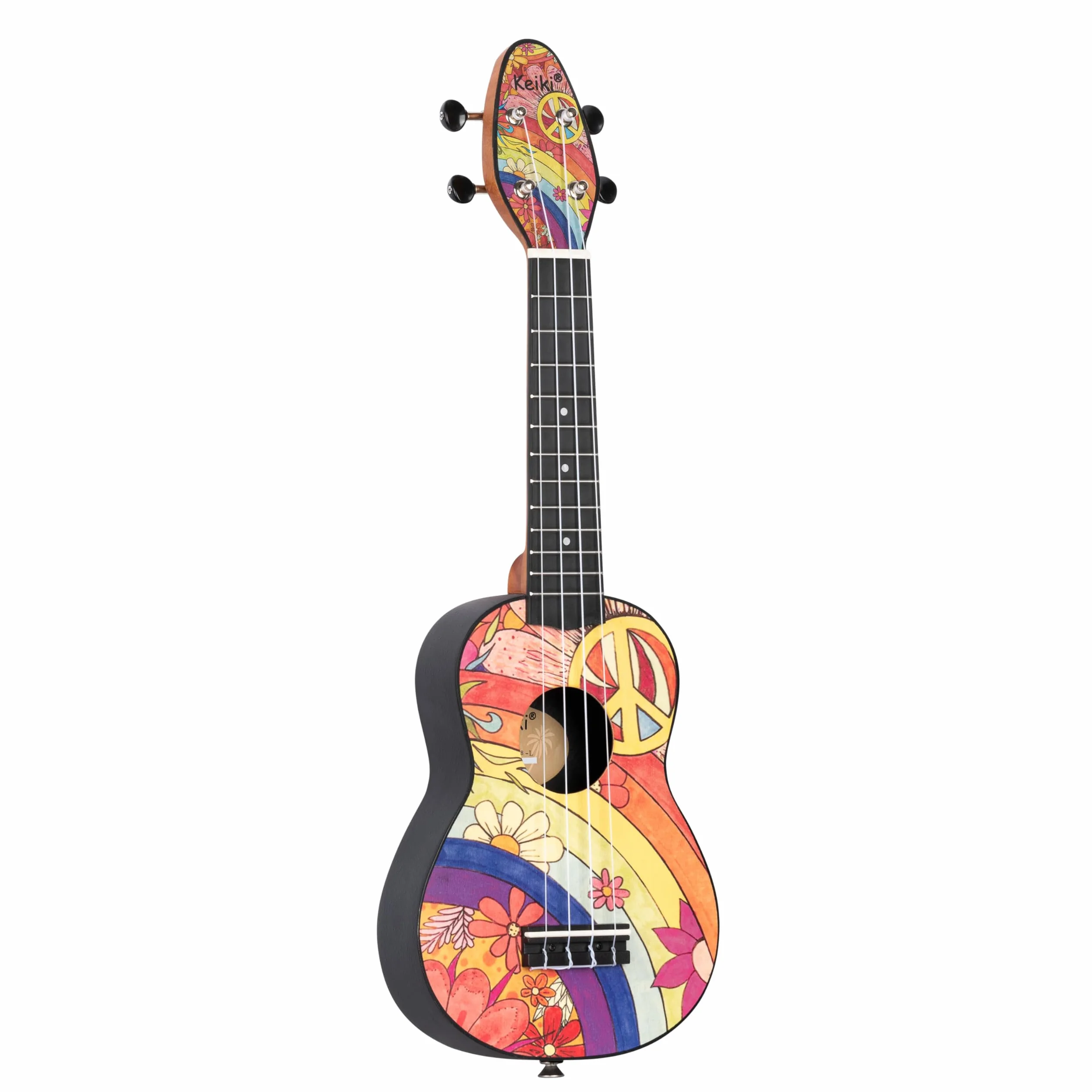 Ortega Guitars Leworęczne Ukulele Sopranowe – Akustyczne – Seria Keiki K2 – w Zestawie z Akcesoriami – Agathis/ABS, Motyw Peace '68 (K2-68-L)