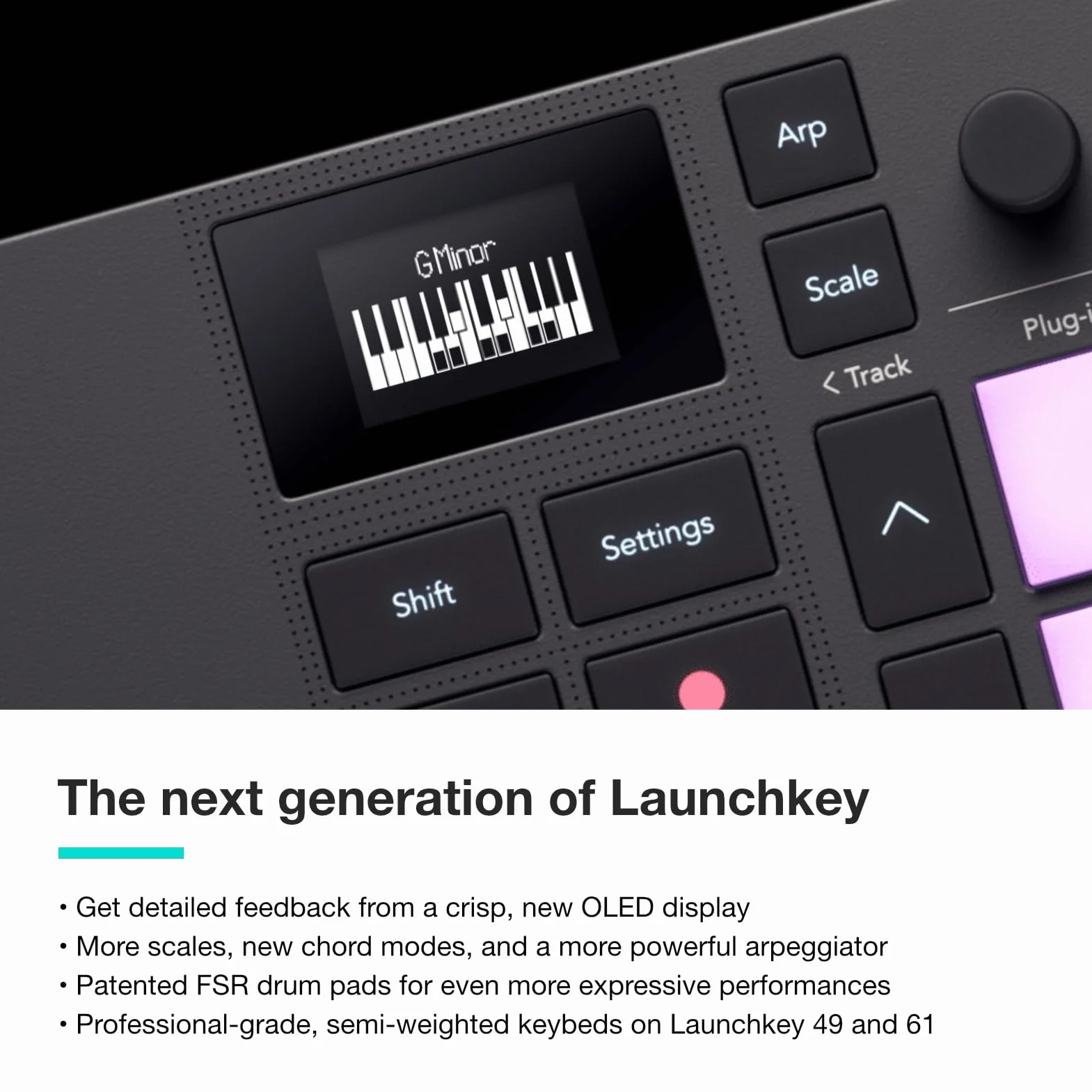 Novation Launchkey Mini 37 [MK4] — Przenośny kontroler klawiatury MIDI, 37 klawiszy, USB i integracja z DAW. Tryb akordów i skali, pady perkusyjne, arpeggiator i oprogramowanie do tworzenia muzyki
