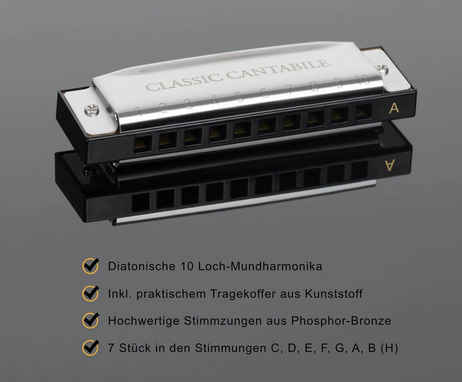 Classic Cantabile AHBS-7 Alabama Blues Harmonica zestaw 7 harmonijek diatonicznych - 10 mosiężnych języków - stal nierdzewna - etui
