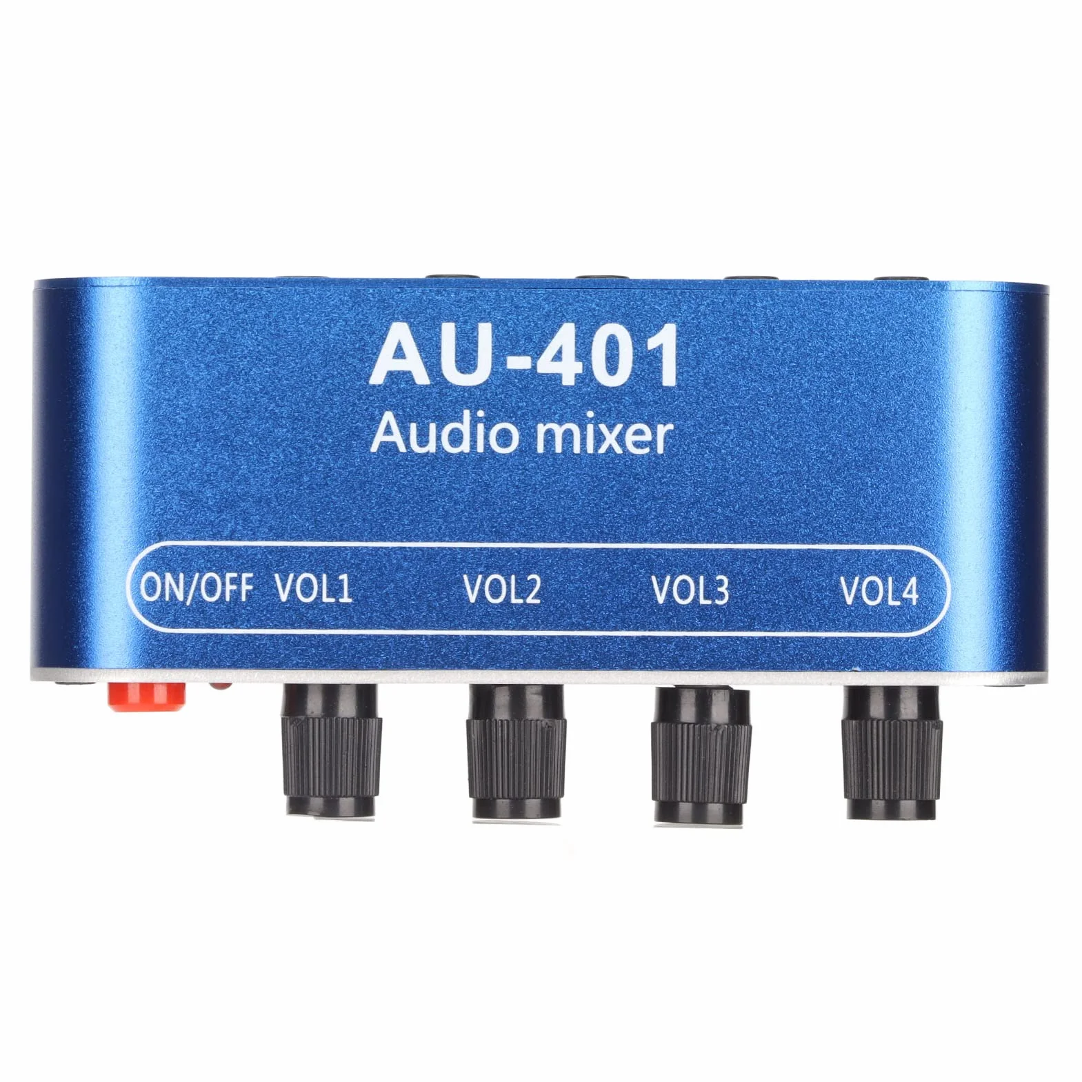 Mini mikser audio, 4-kanałowy mikser liniowy z gniazdem stereo 3,5 mm, 4 wejścia 1 wyjście stereo, mikser stereo DC 5 V-12 V do komputera, telefonu, laptopa, słuchawek, małych klubów lub barów