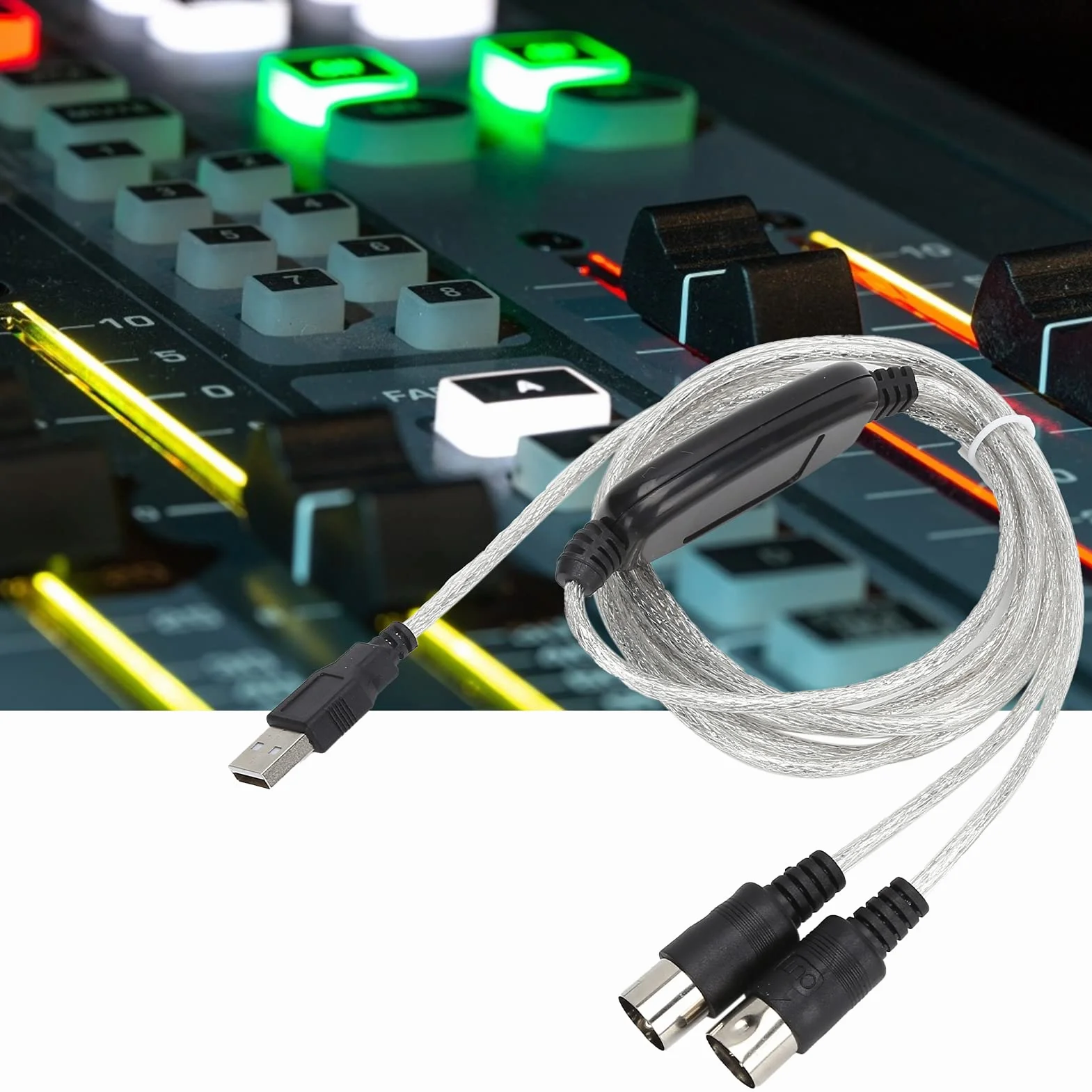 Fdit Uniwersalny kabel MIDI na USB, 2 m, do klawiatury i syntezatorów, 5-pinowy interfejs MIDI, bez napędu, wskaźnik wejścia i wyjścia, łączy elektroniczne instrumenty muzyczne z komputerami