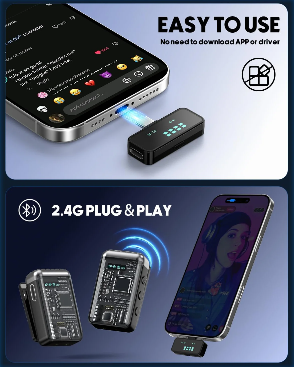 Bezprzewodowy mikrofon lavalier do iPhone'a – Revers Bluetooth mikrofon typu C i oświetlenie, mini Android Mic Microfonos, Inalambricos Professional do Tiktok, vlogingu, wywiadów, podcastów, YouTube