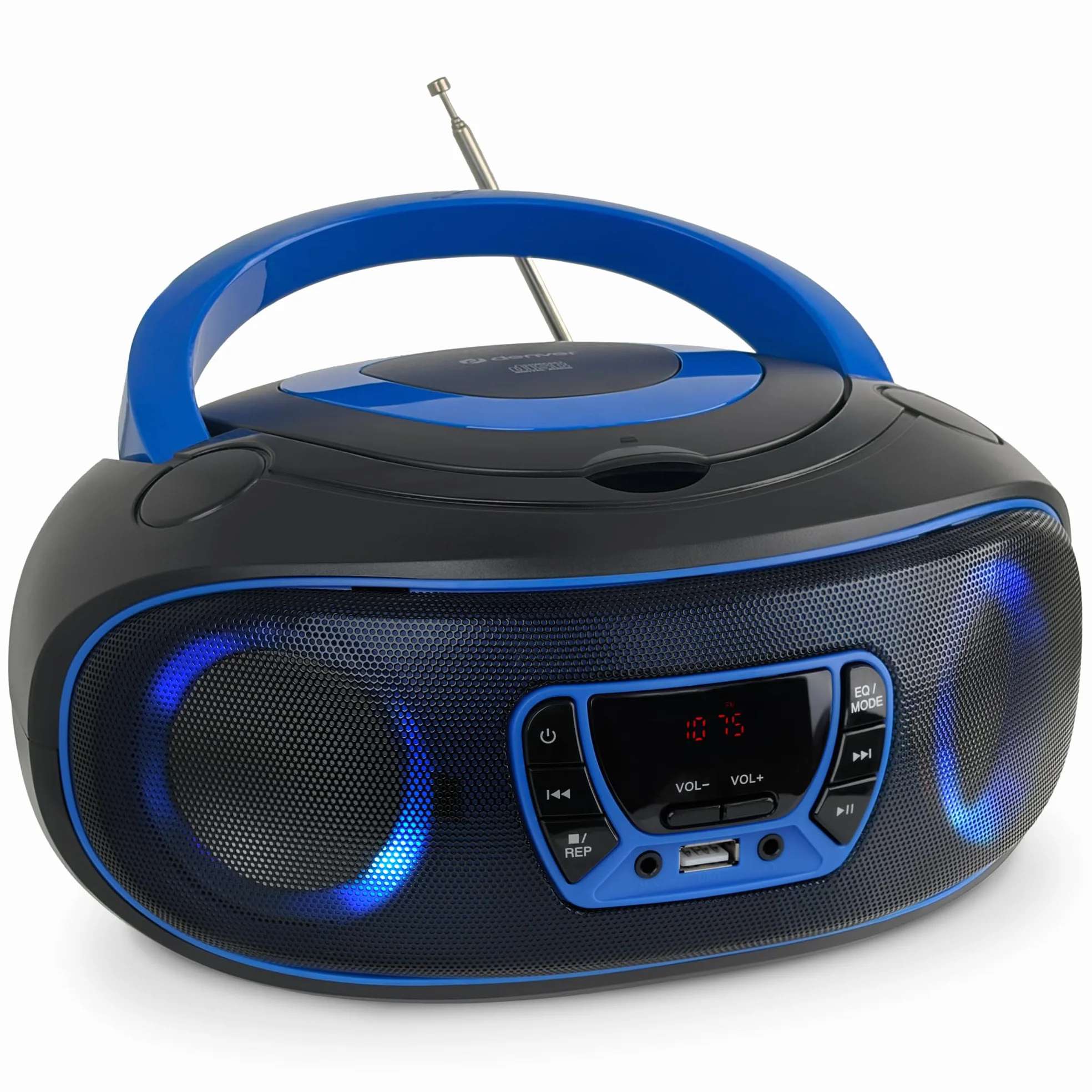 Denver TCL212BT radio z Bluetooth, radio Bluetooth z efektami świetlnymi, przenośny odtwarzacz CD, AUX, USB, niebieskie