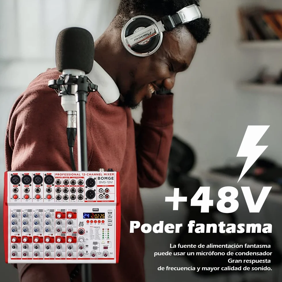BOMGE 12-wejściowa płyta dźwiękowa mikser z przedwzmacniaczami mikrofonowymi i kompresorami, 24 DSP, Bluetooth, zasilanie 48 V, brytyjski EQ i interfejs USB/audio do nagrywania, karaoke i podcastów.