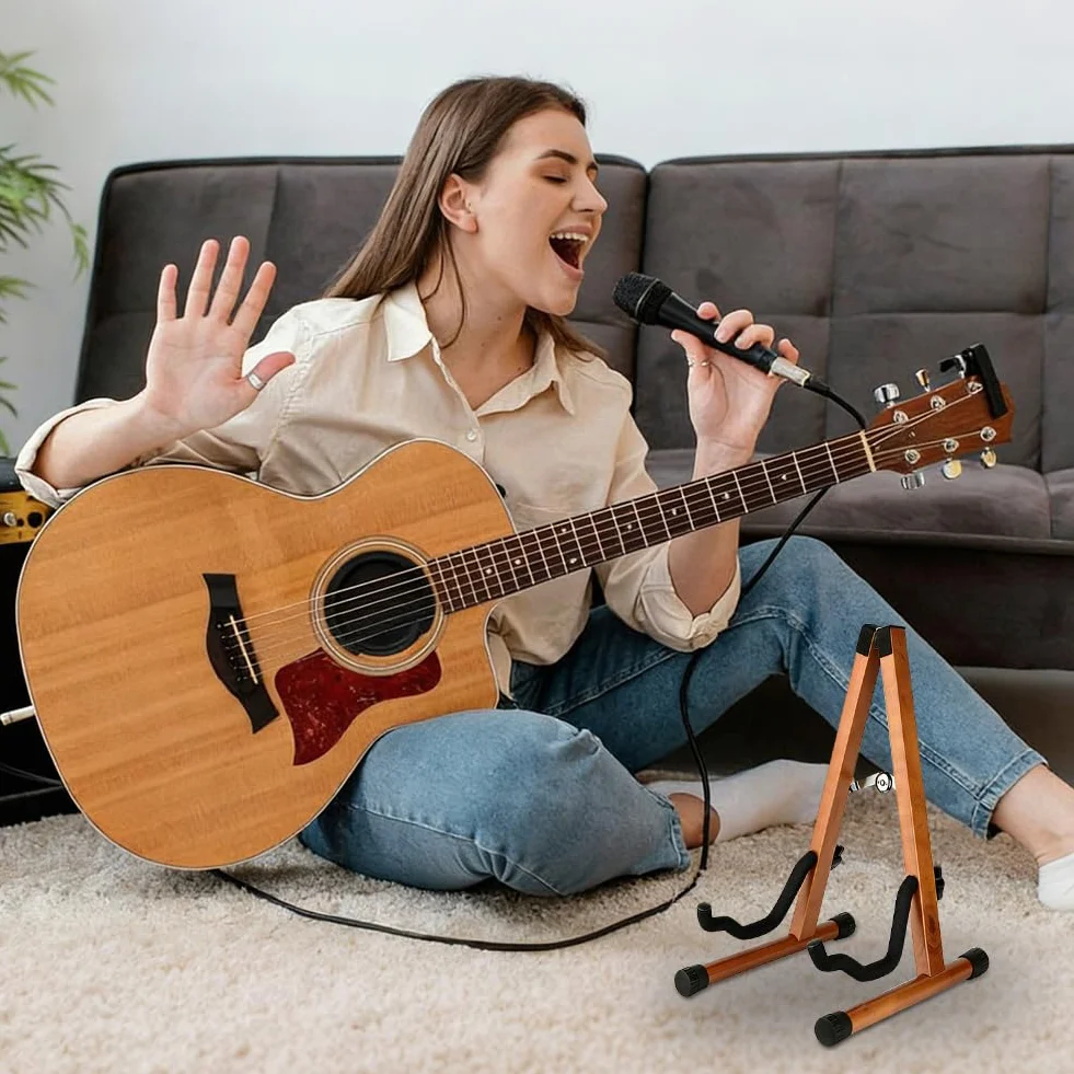 Stojak na gitarę z prawdziwego drewna, gitara akustyczna, elektryczna, basowa, wiolonczela, banjo, mandolina, ukulele, ciemny rysunek słojów