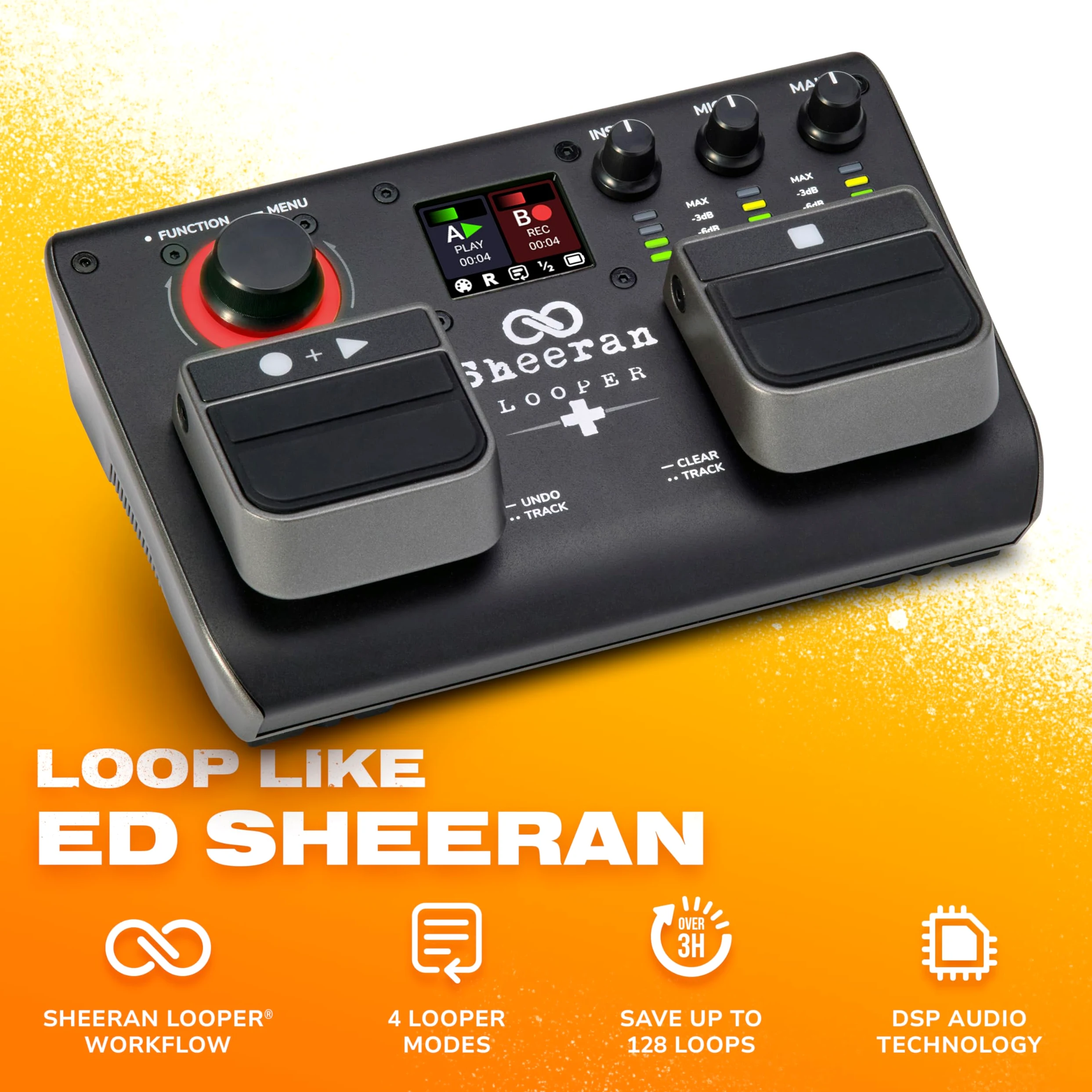 SHEERAN LOOPER + Dwuścieżkowy z pedałami do gitary, keyboardu i wokalu, z pamięcią na 128 loopów, trybami loopowania, ekranem LED i interfejsem audio