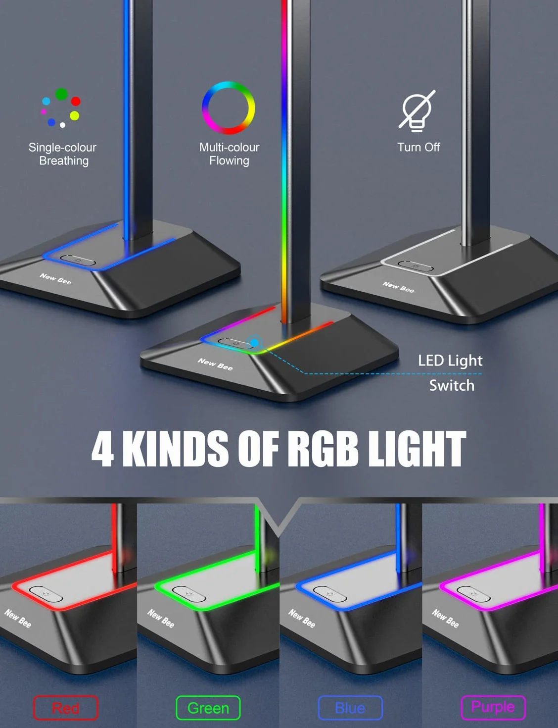 New Bee Stojak RGB na Słuchawki z Ładowarkami USB Typu C i Transmisją Danych - Uniwersalny Uchwyt do Słuchawek Gamingowych (Czarny)