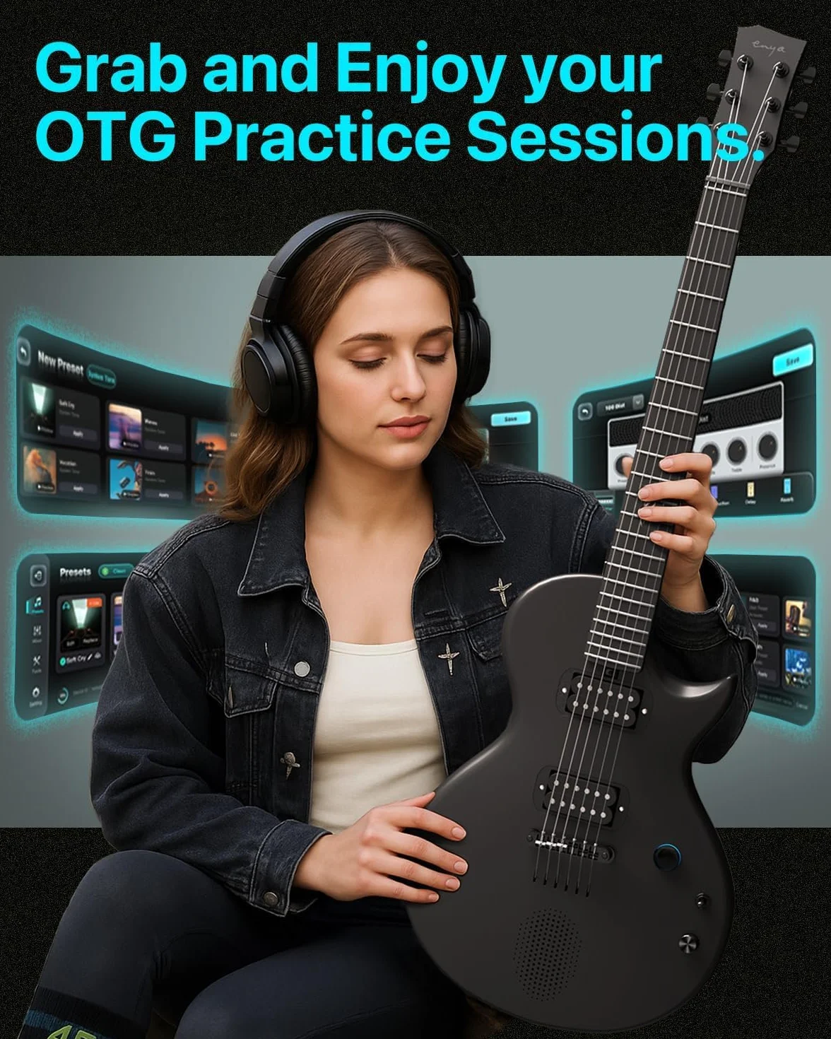 Gitara elektryczna Enya Nova Go Sonic – czarna gitara elektryczna z włókna węglowego, z bezprzewodowym głośnikiem 10W, zintegrowanymi presetami, kablem do ładowania, kluczem do regulacji i torbą