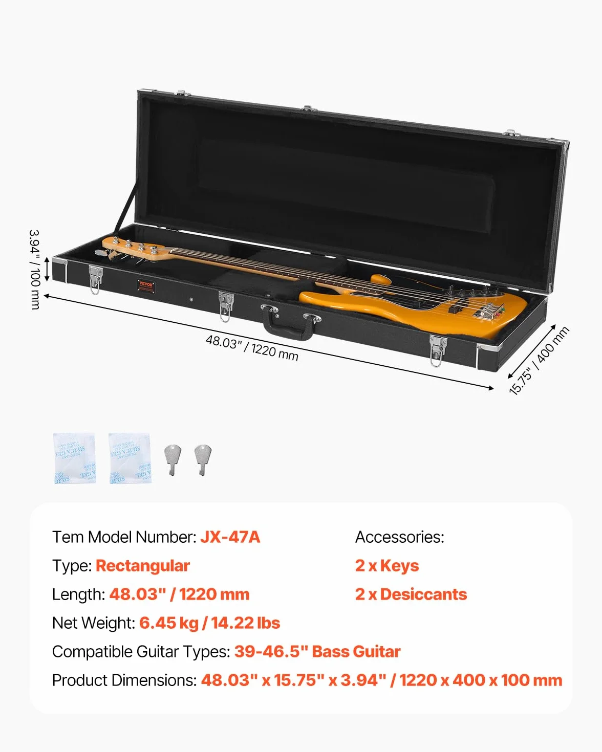 VEVOR Prostokątny twardy futerał na gitarę basową 1220 mm z blokadą kluczową, czarny