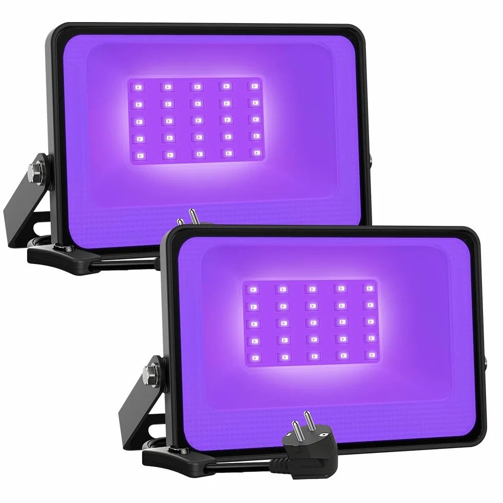 Onforu 2 reflektory LED 30 W, czarne światło, światło UV z wtyczką, wodoszczelność IP66, fluorescencyjne czarne światło z przełącznikiem, reflektor UV na imprezę do baru, neonowe kolory, dekoracja na