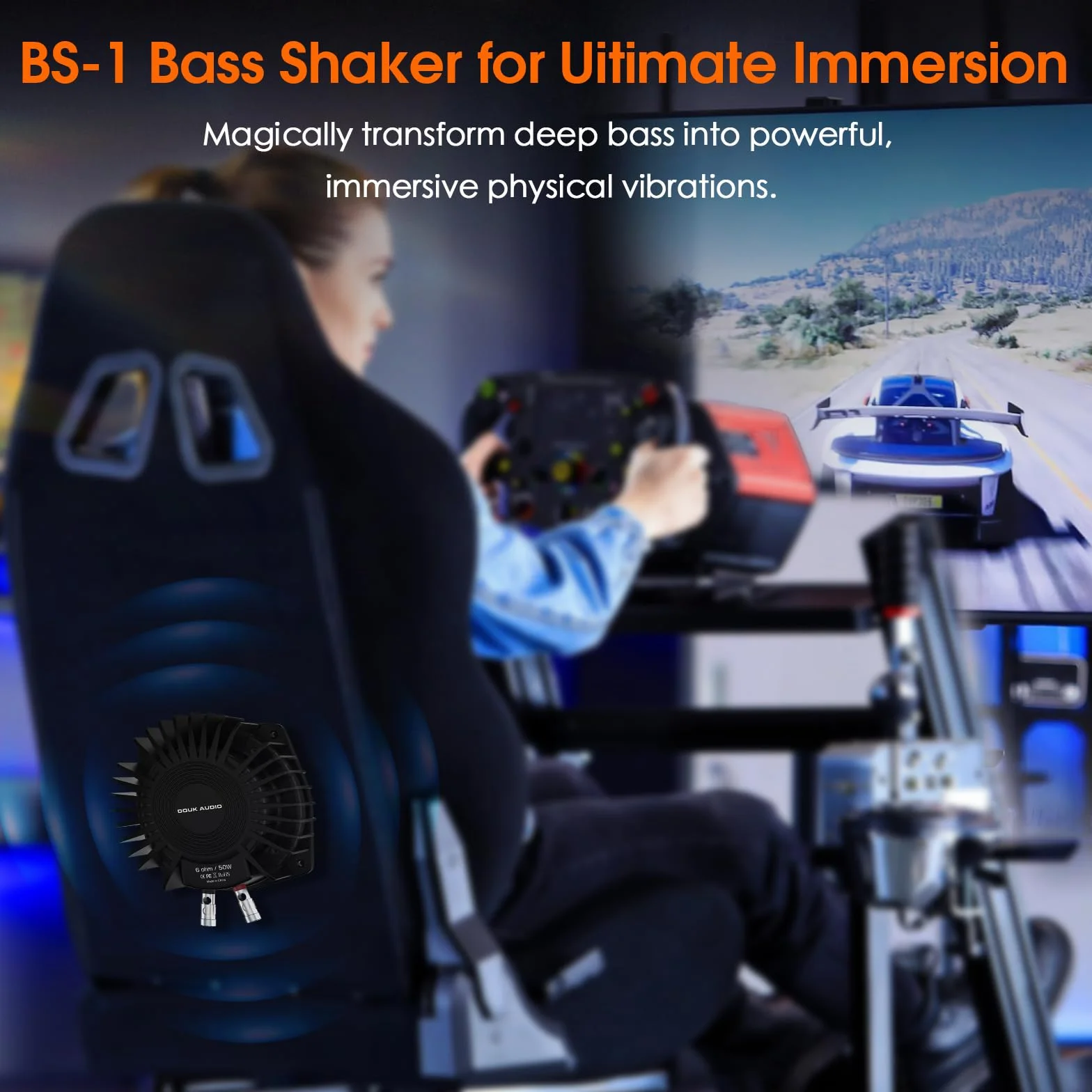 Douk Audio BS-1 Bass Shaker: Buttkicker o dużej mocy 50 W - przetwornik dotykowy - niski poziom subwoofera do kina domowego, samochodowego sprzętu audio i fotela gamingowego, zanurzenie wibracyjne (1