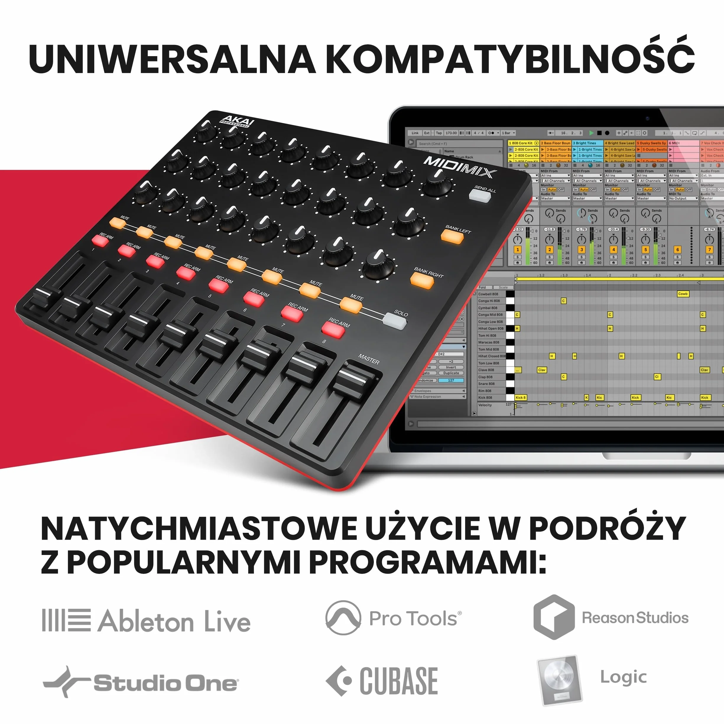 Akai Professional MIDImix - Konfigurowalny kontroler MIDI z 8 faderami, 1 faderem głównym, 24 pokrętłami i 16 przyciskami z bezpośrednim mapowaniem w Ableton Live