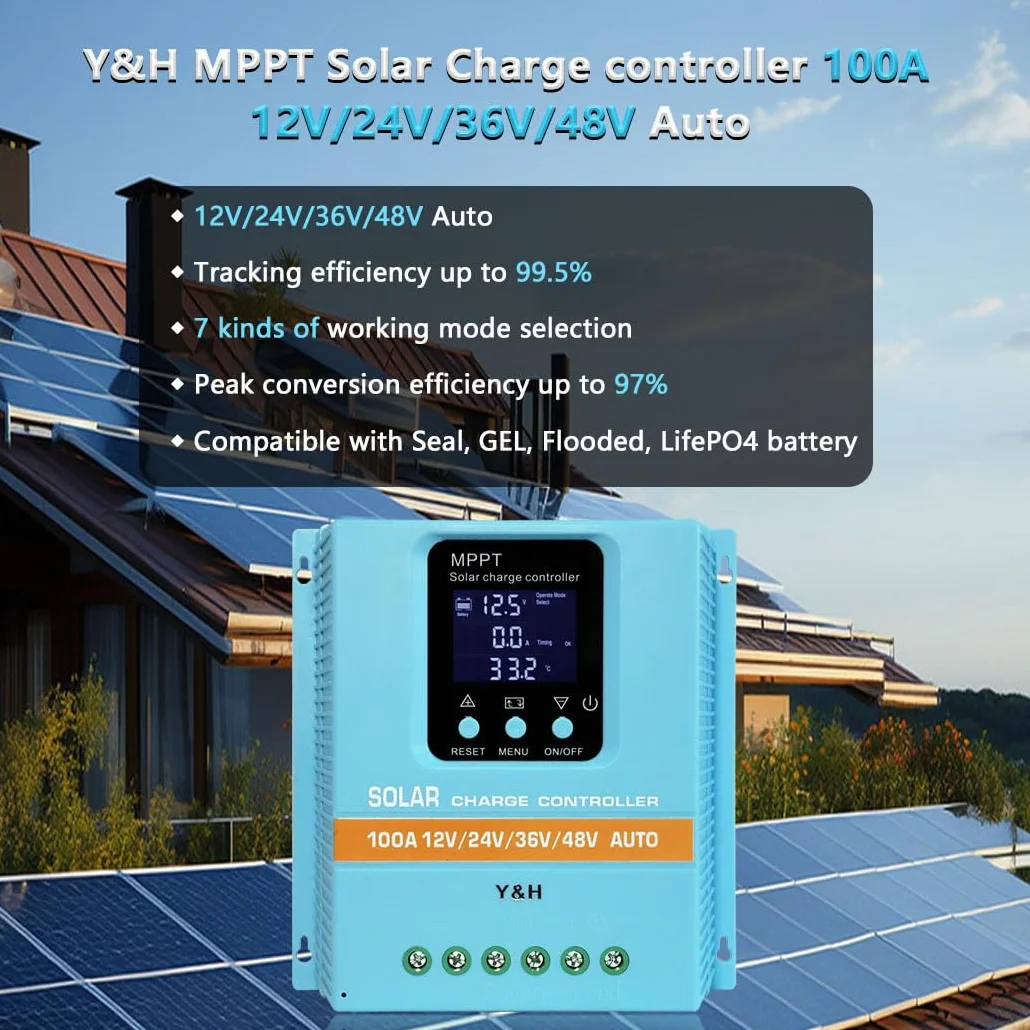 Y&H MPPT 100 A solarny regulator ładowania 12 V, 24 V, 36 V, 48 V, wyświetlacz LCD, bateria, inteligentny regulator, maks. 100 V, wejście Dual USB do kwasowo-ołowiowego/litu