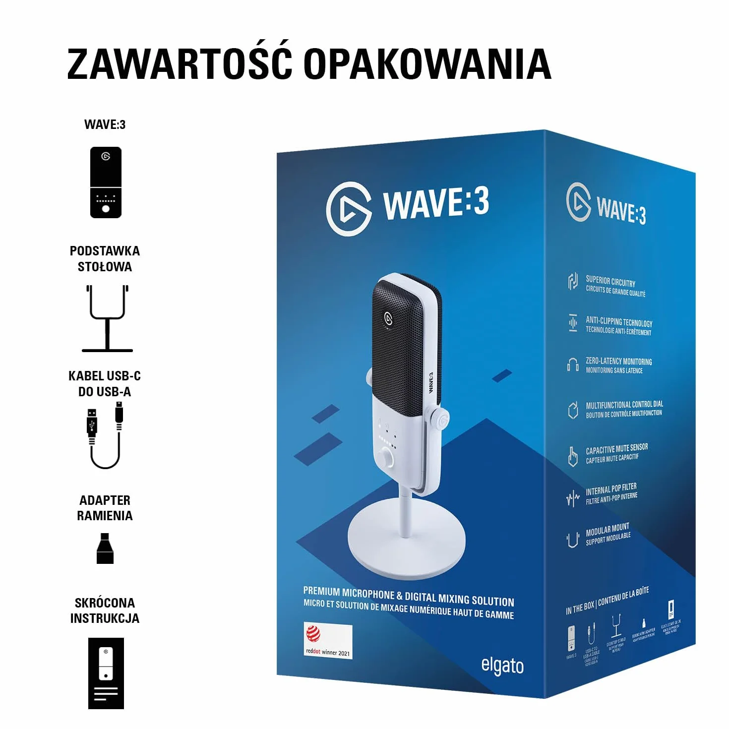 Elgato Wave:3 White, mikrofon USB premium do strumieniowania, gier i biura domowego