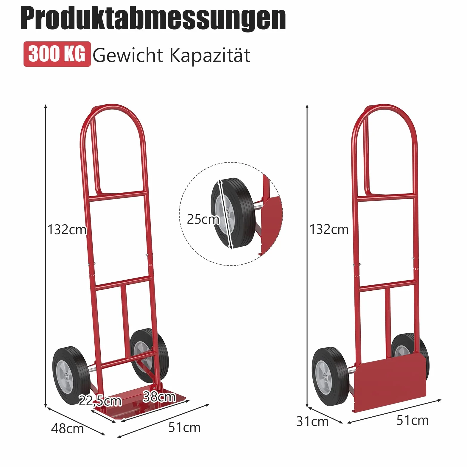 COSTWAY Wózek transportowy z uchwytem P, obciążenie do 300 kg, metalowy wózek do dużych obciążeń, wózek transportowy z dużymi kołami i składaną powierzchnią ładunkową, wózek transportowy ręczny (model