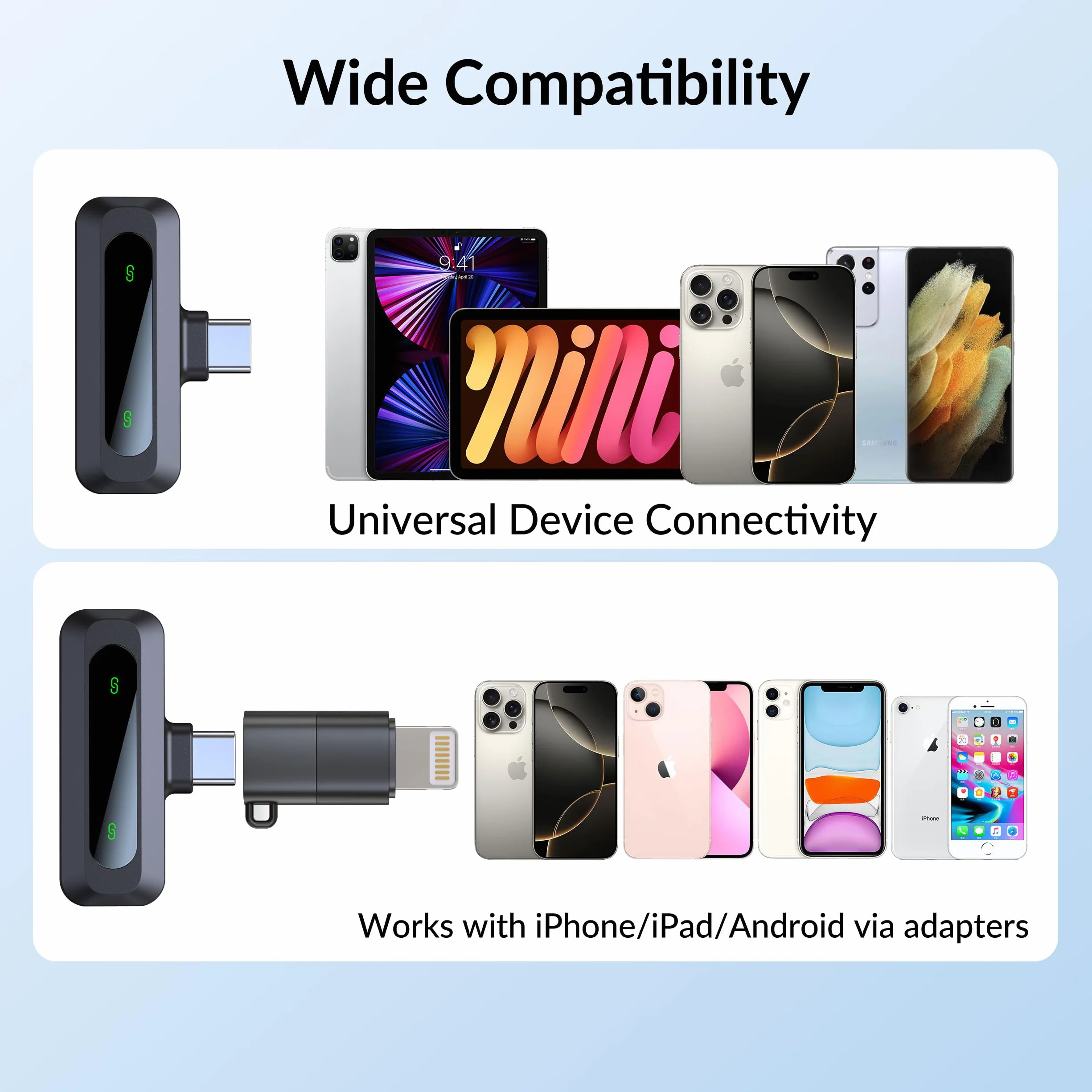 Bezprzewodowy mikrofon krawatowy do iPhone'a i USB-C z redukcją szumów, LED i obrotowym klipsem