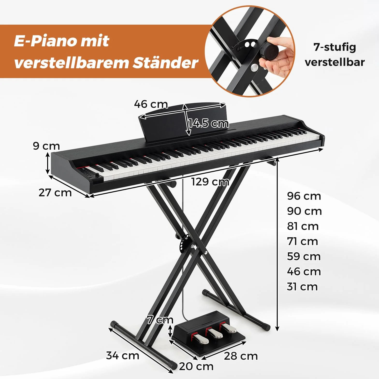 COSTWAY Keyboard Piano 88 klawiszy, pianino cyfrowe z regulowanym stojakiem, potrójnym pedałem i stojakiem na nuty, 2 w 1