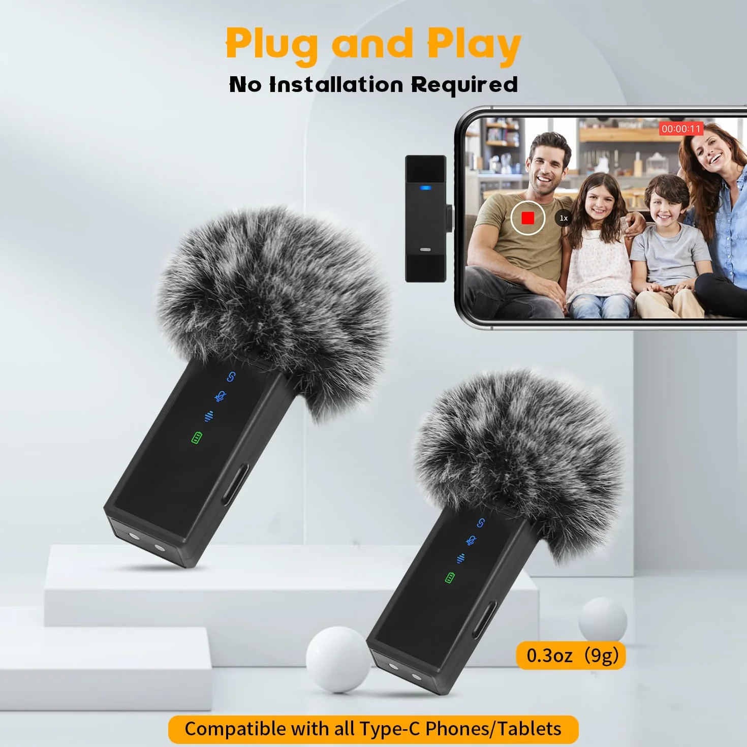 AURTEC Bezprzewodowy mikrofon krawatowy z etui ładującym do telefonów Type C/USB C, zestaw 2 sztuk, Plug & Play, zasięg 30 m, redukcja szumów i duża bateria
