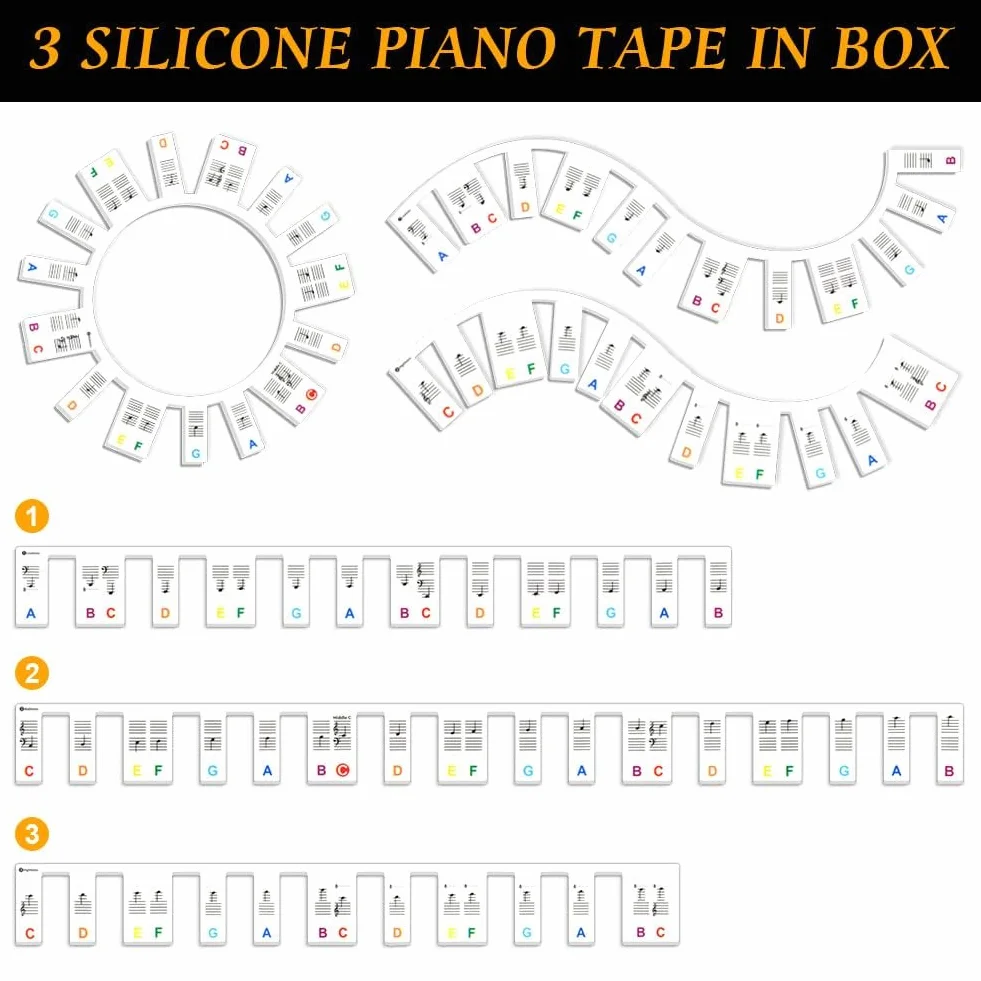 URAQT Silikonowe naklejki fortepianowe wielokrotnego użytku, 88 kluczowych naklejek na klawiaturę fortepianową, zdejmowane naklejki na fortepian, naklejka na fortepian dla dzieci (kolorowe)
