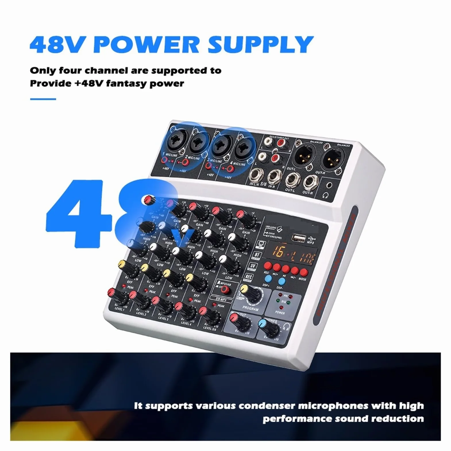 Mikser audio Bezprzewodowy 6-kanałowy Mikser Audio Przenośna Konsola Miksująca Interfejs USB Karta Dźwiękowa Z 16 DSP Echo 48V Zasilanie Phantom(06D-White)