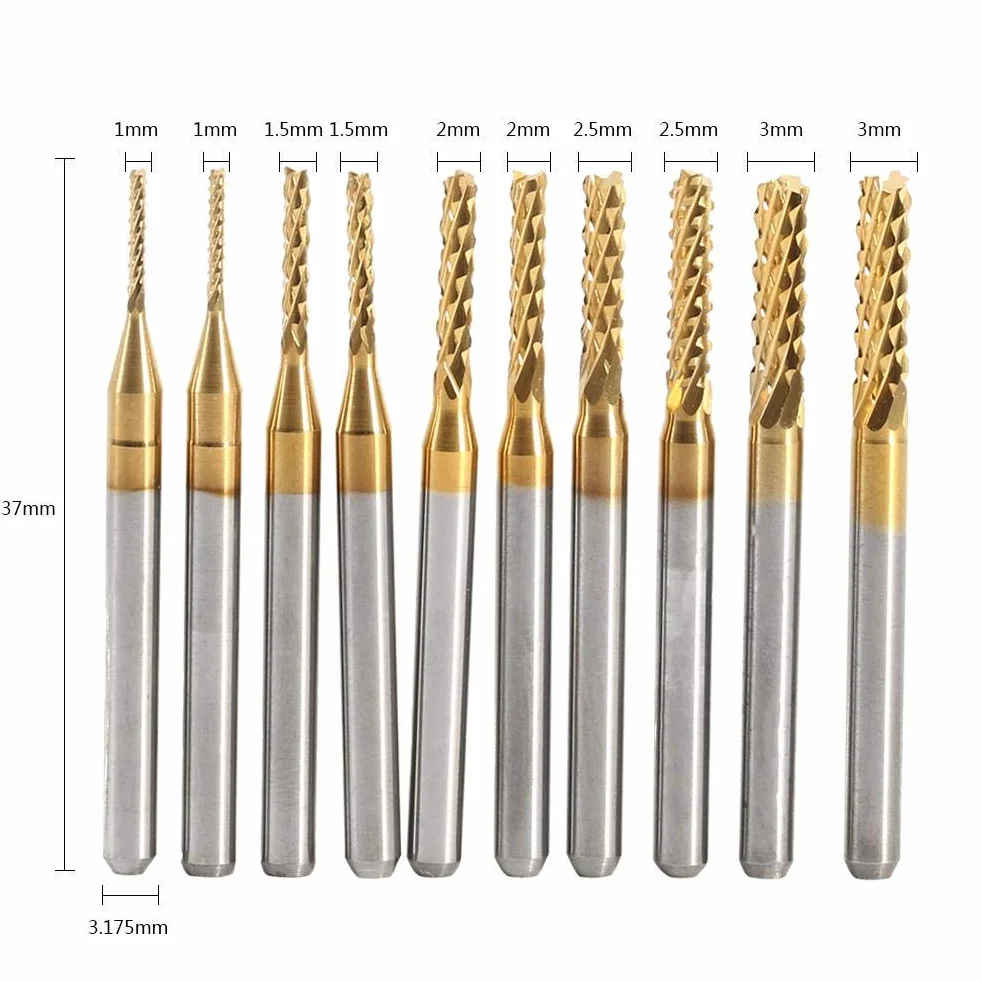 Frez trzpieniowy z węglika spiekanego, 10-częściowy frez trzpieniowy powlekany tytanem, narzędzia frezujące CNC z twardego metalu – 1,0 – 3,0 mm