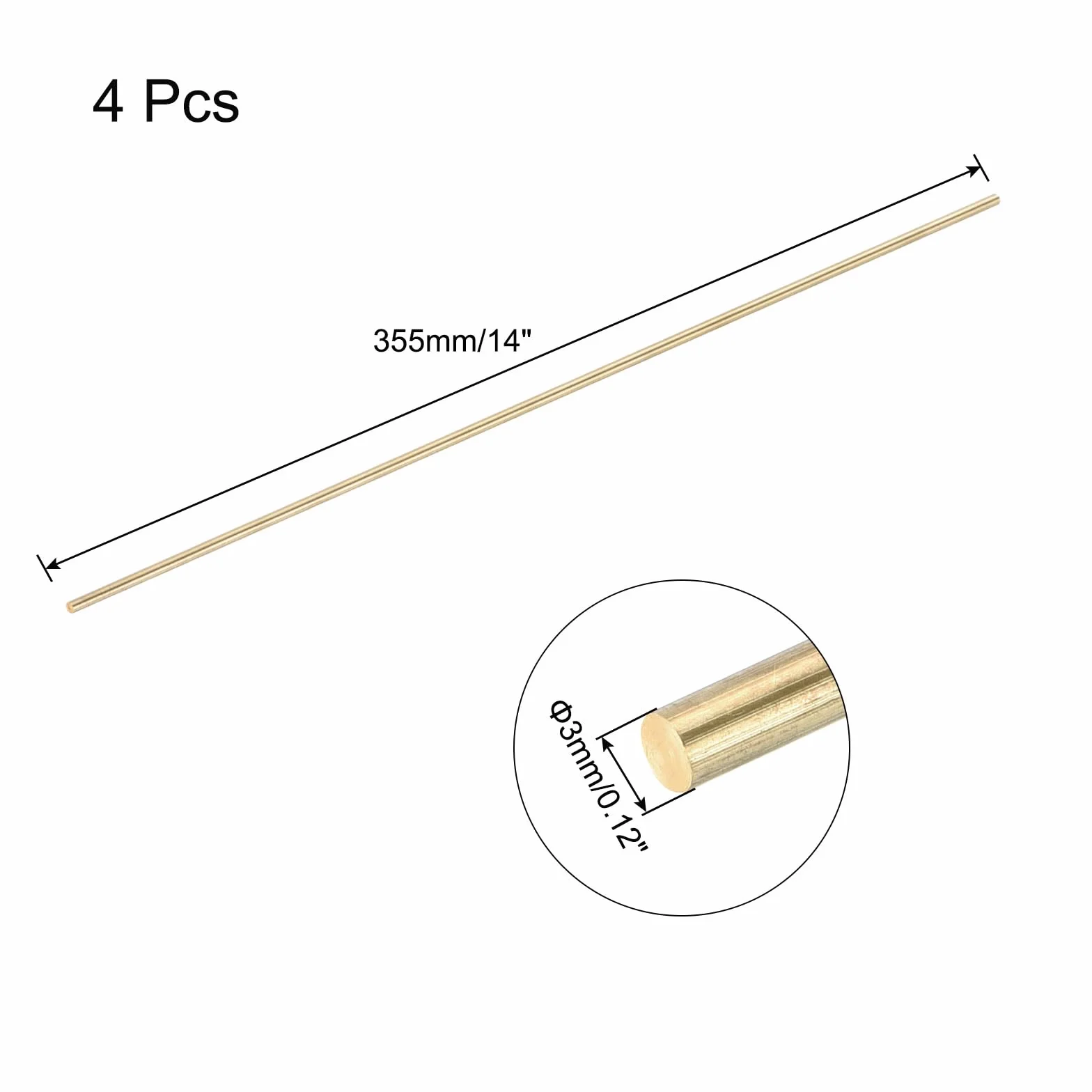 QUARKZMAN Mosiężny pręt, okrągły pręt z litego mosiądzu, średnica 3 mm, długość 355 mm, długość zapasów, drążek tokarski do modeli RC DIY, 4 szt