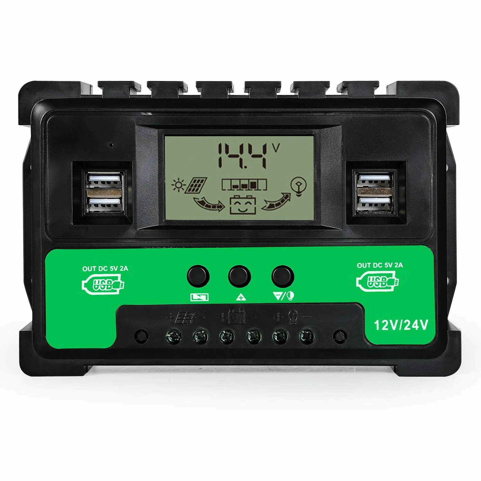 DEWIN Sterownik solarny, MPPT, regulator ładowania solarnego, 4 porty USB, 12 V, 24 V, regulator ładowarki akumulatora do akumulatora kwasowo-ołowiowego (40 A)