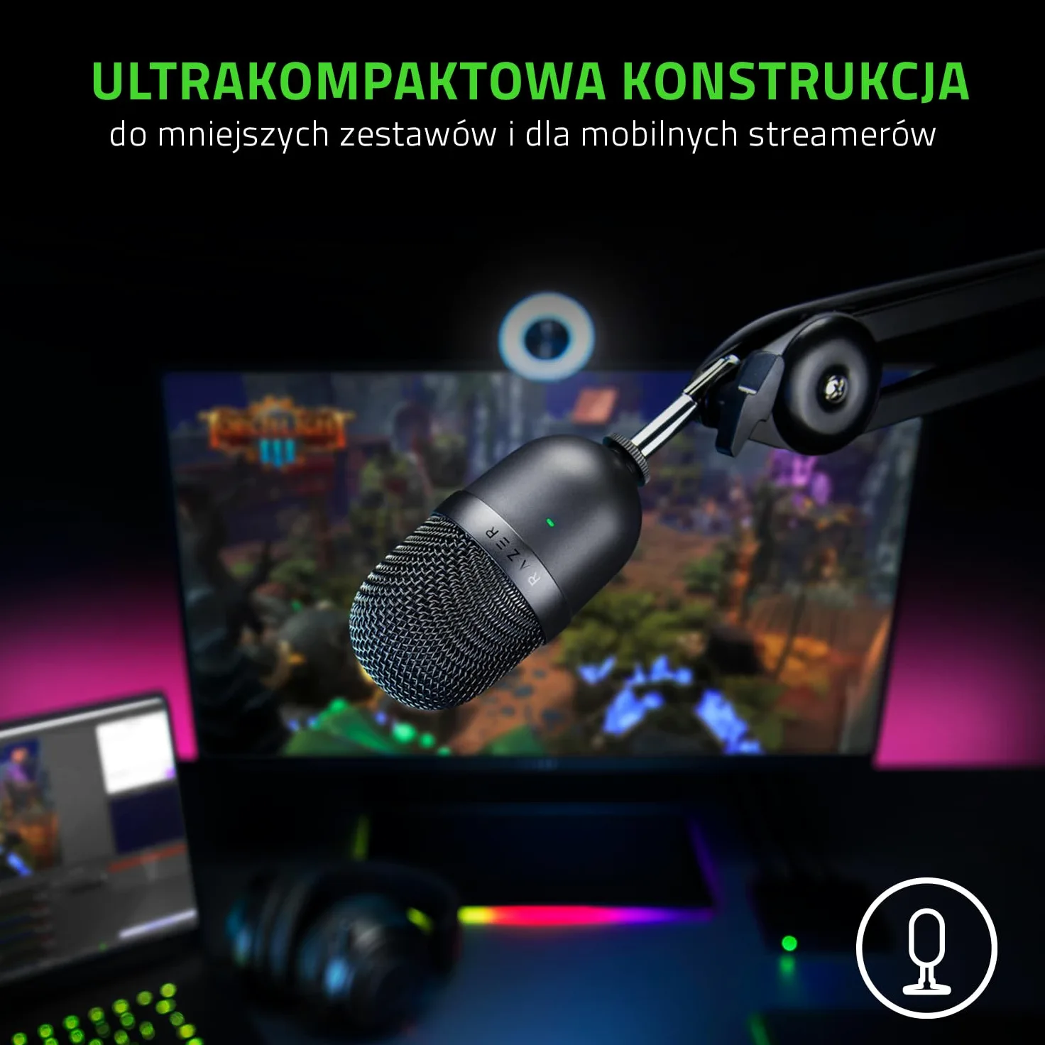 Razer Seiren Mini - Mikrofon pojemnościowy USB do transmisji strumieniowych (kompaktowy z superkardioidalną charakterystyką kierunkową, odchylany statyw, zintegrowany pochłaniacz wstrząsów) Czarny