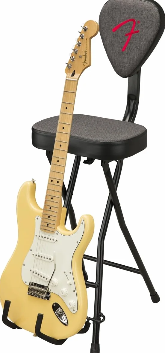 Fender Zestaw 351 siedziska i stojaka na gitarę, składana konstrukcja, zdejmowane oparcie, szary materiał tweedowy, antypoślizgowe nóżki