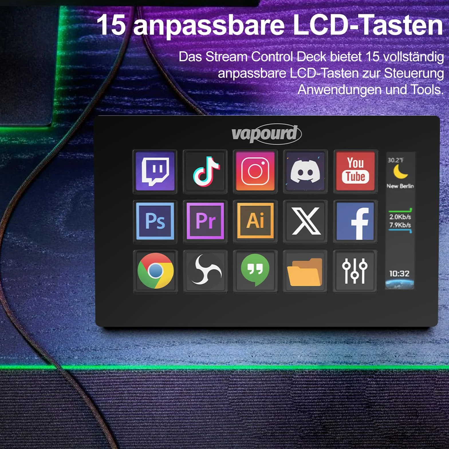 Stream Controller Deck, Studio Controller, 15 regulowanych przycisków LCD, kompaktowy panel kontrolny, wyzwalacz akcji w aplikacjach i oprogramowaniu, takich jak OBS, Twitch, YouTube, kompatybilny z