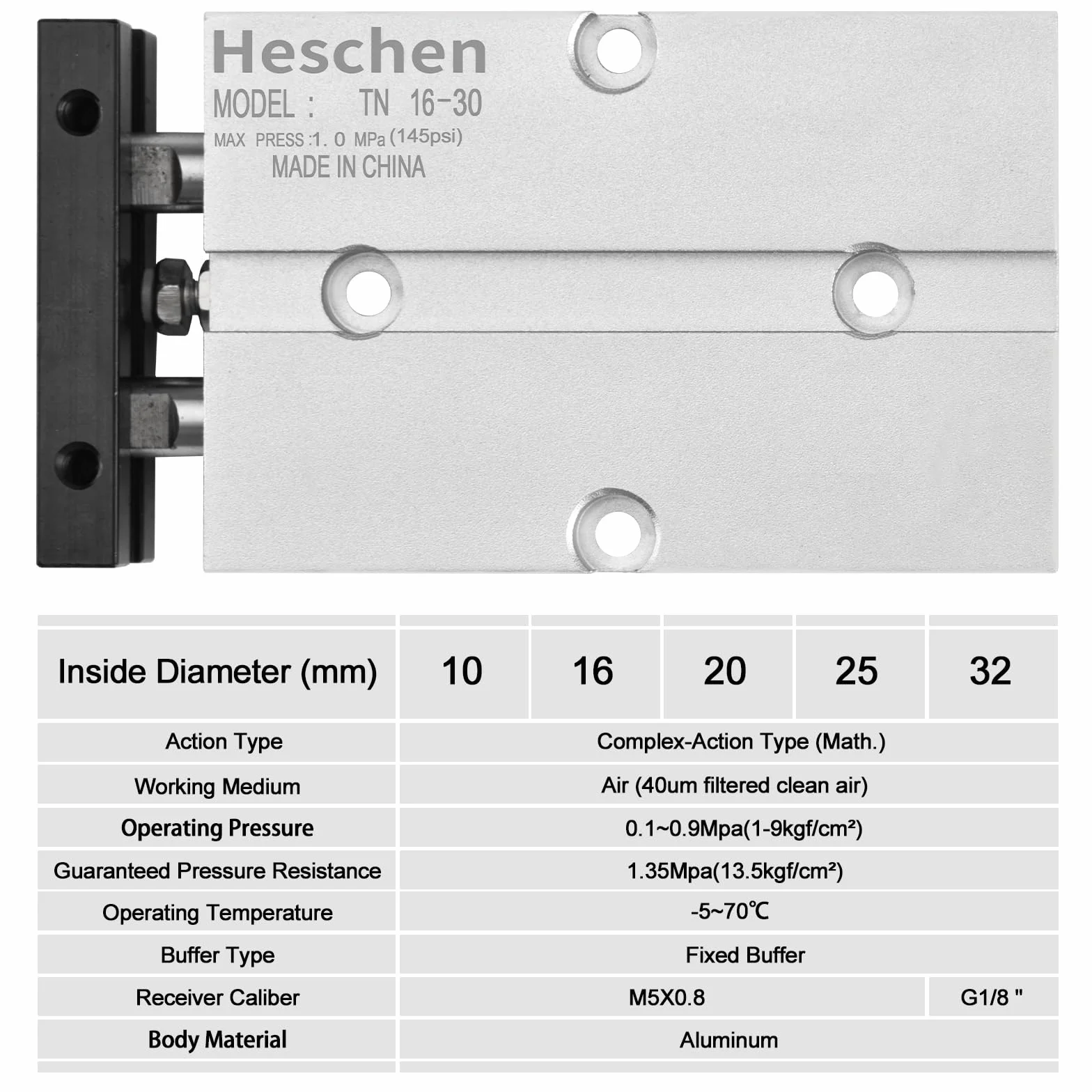 Heschen Pneumatyczny cylinder pneumatyczny, TN16-30 (TDA16-30), otwór 16 mm, skok 30 mm, dwustronny aluminiowy pneumatyczny cylinder pneumatyczny, z magnesem