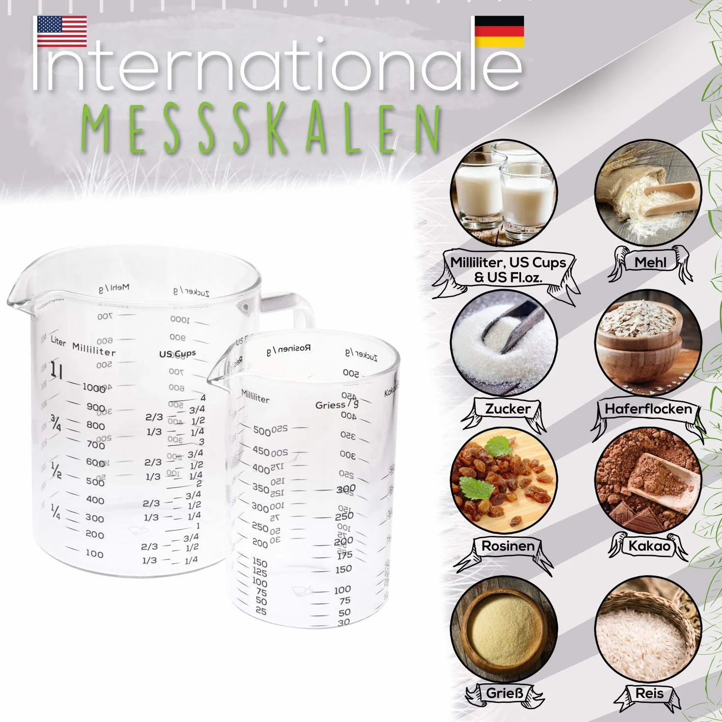 Szklana miarka – 1 l i 500 ml – zestaw 2 szt. – wytrzymały i odporny na wysokie temperatury kubek z miarką ze szkła borokrzemowego – nadaje się do kuchenki mikrofalowej – idealny do pieczenia