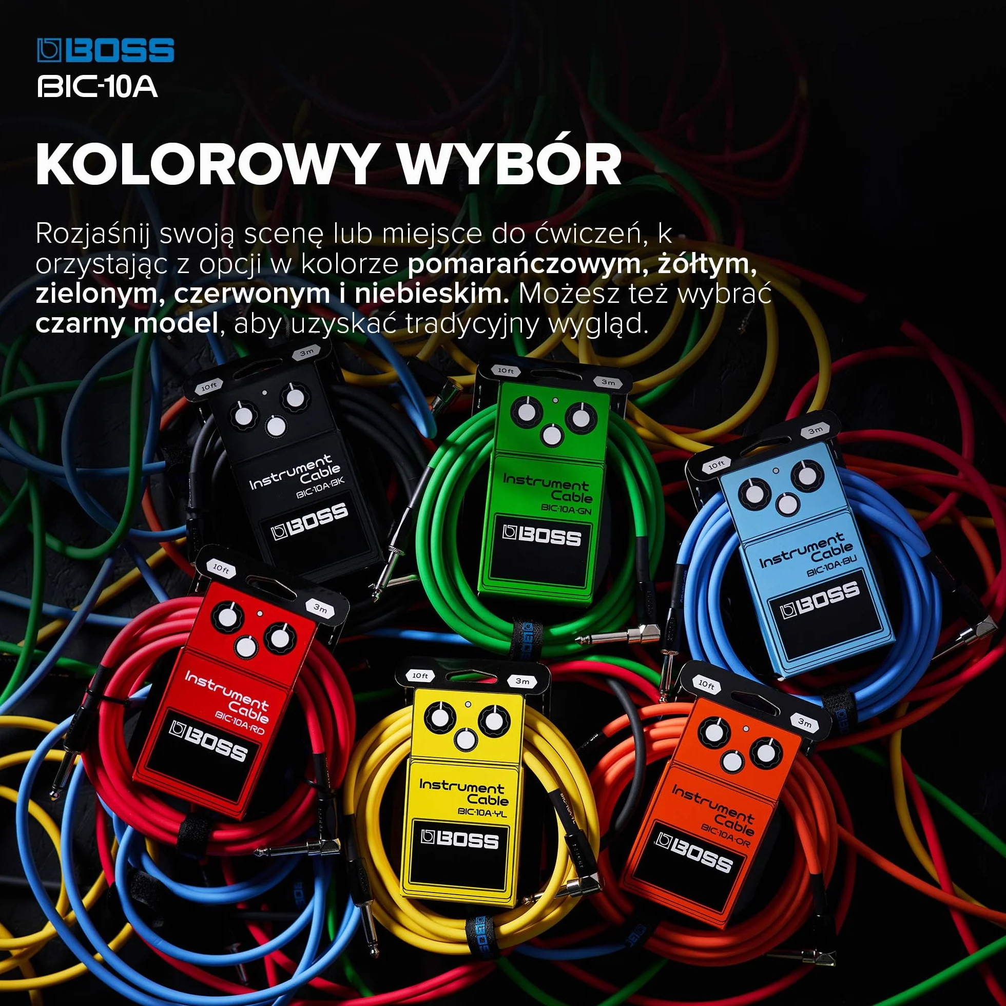 Seria BOSS BIC-10A | Kabel Instrumentalny | Złącza Proste i Kątowe ¼ Cala | Długość 3 m | Wysokiej Jakości Kable do Gitary, Basu i Innych Instrumentów | Cicha Praca i Trwałość | Czarny
