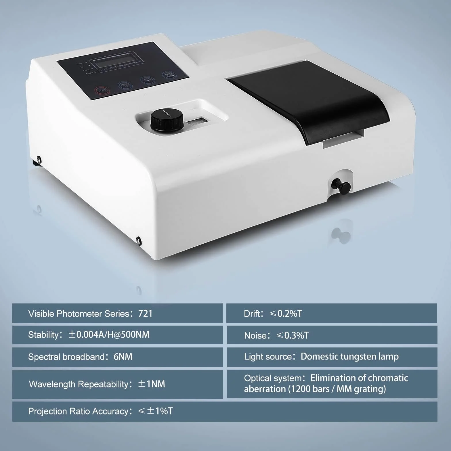 Przenośny spektrofotometr 721, cyfrowy spektrofotometr laboratoryjny widzialny LDC 350-1020 nm, lampa wolframowa 6 nm spektrometr do laboratoryjnego sprzętu analitycznego