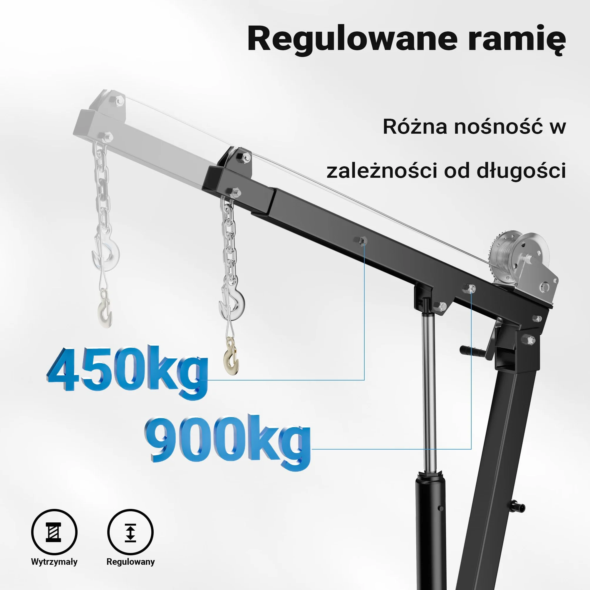 Wiltec Żuraw hydrauliczny do załadunku 900 kg, obrotowy 360° z wyciągarką linową, stabilny podnośnik do pojazdów transportu, pickupów i warsztatu