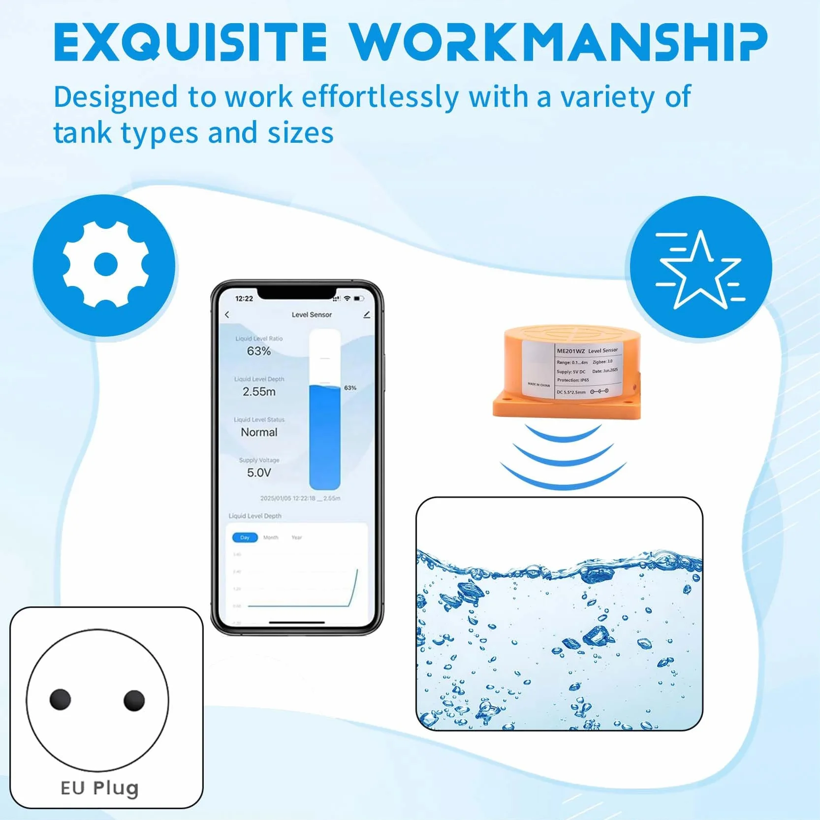 Tuya Smart Zigbee ultradźwiękowy czujnik poziomu zbiornika na wodę, powiadomienia w czasie rzeczywistym, sterowanie za pomocą aplikacji do iOS i Android, wtyczka UE
