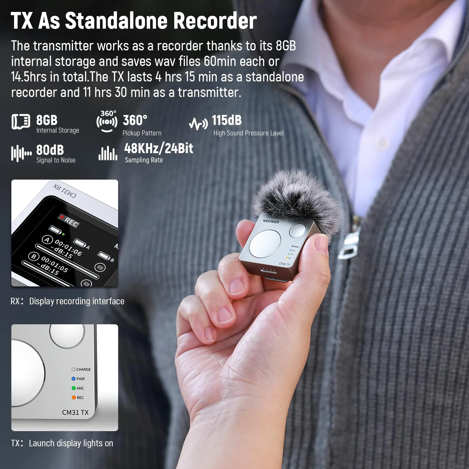 Neewer CM31 Bezprzewodowy mikrofon krawatowy z 8 GB pamięci masowej, zasięg 250 m, zasięg 48 kHz, 24 bit, redukcja szumów, kompatybilny z iPhone'em, iPadem, Androidem, kamerą PC, YouTube/TikTok
