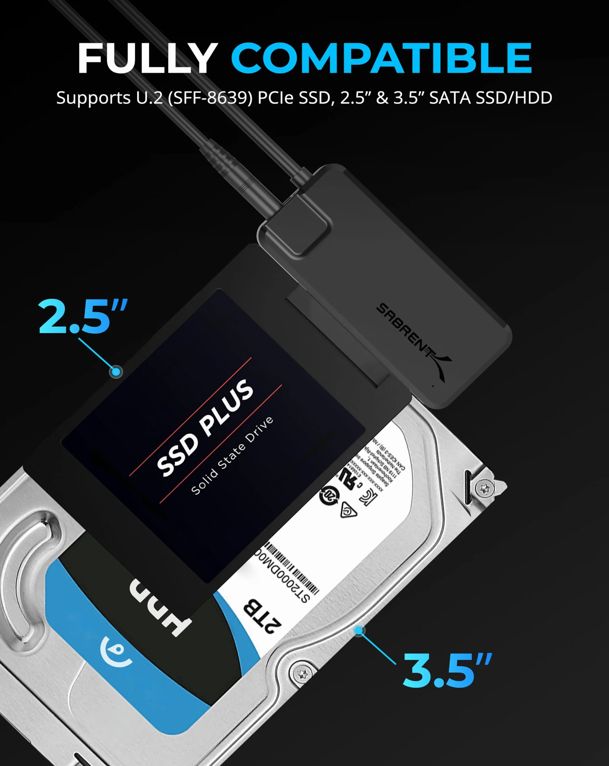 SABRENT Adapter USB 3.2 na SATA SSD/HDD lub U.2, adapter 6.3 cm i 8.9 cm, super szybki transfer danych 10 Gb/s konwerter dysku twardego, obsługuje TRIM i UASP z zasilaczem (EC-U2SA)