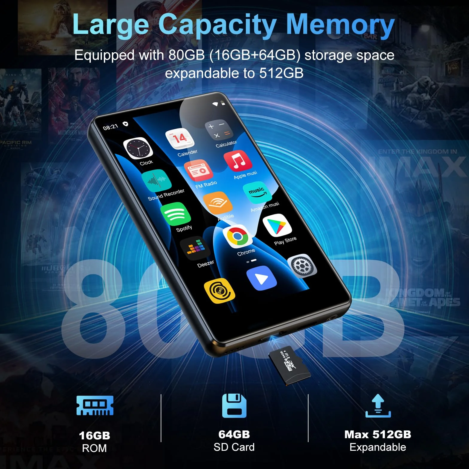 80GB odtwarzacz MP3 z Bluetooth i Wi-Fi, SWOFY 4.0-calowy odtwarzacz MP3 i MP4 z ekranem dotykowym Android, przenośny odtwarzacz muzyki dla dzieci z Spotify, Amazon Music, radiem, rejestratorem