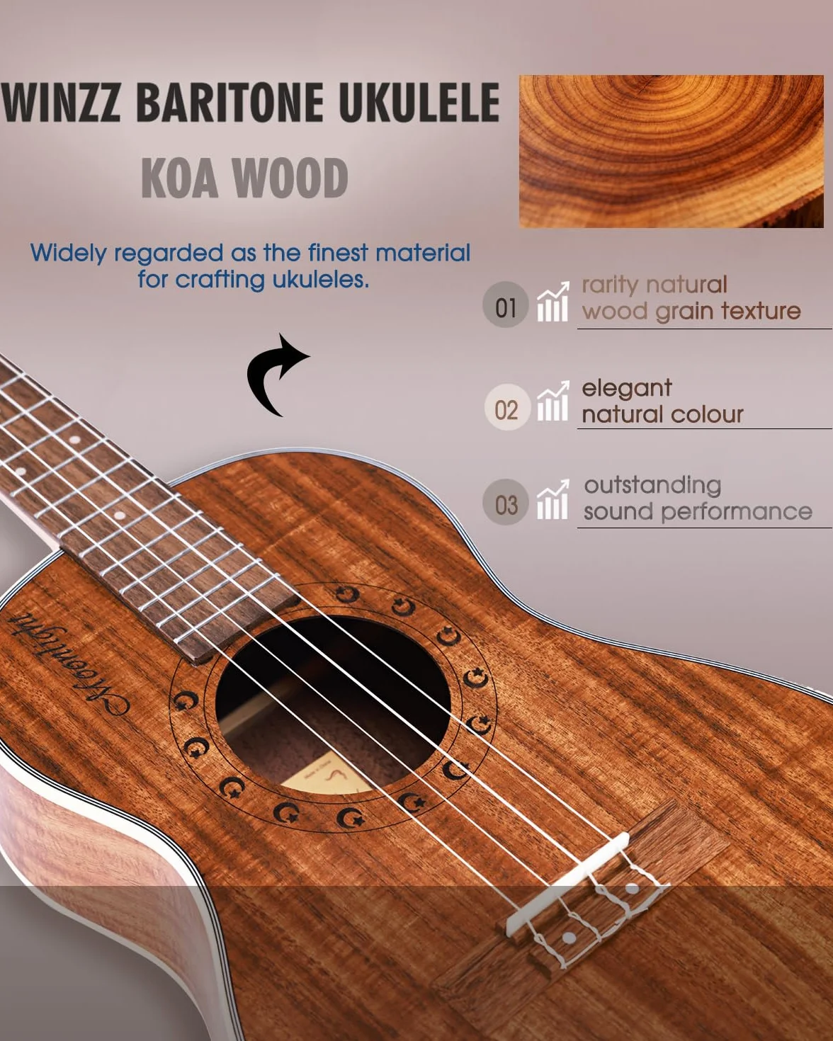 Winzz Ukulele barytonowe 76 cm KOA zestaw dla początkujących profesjonalistów naturalny matowy