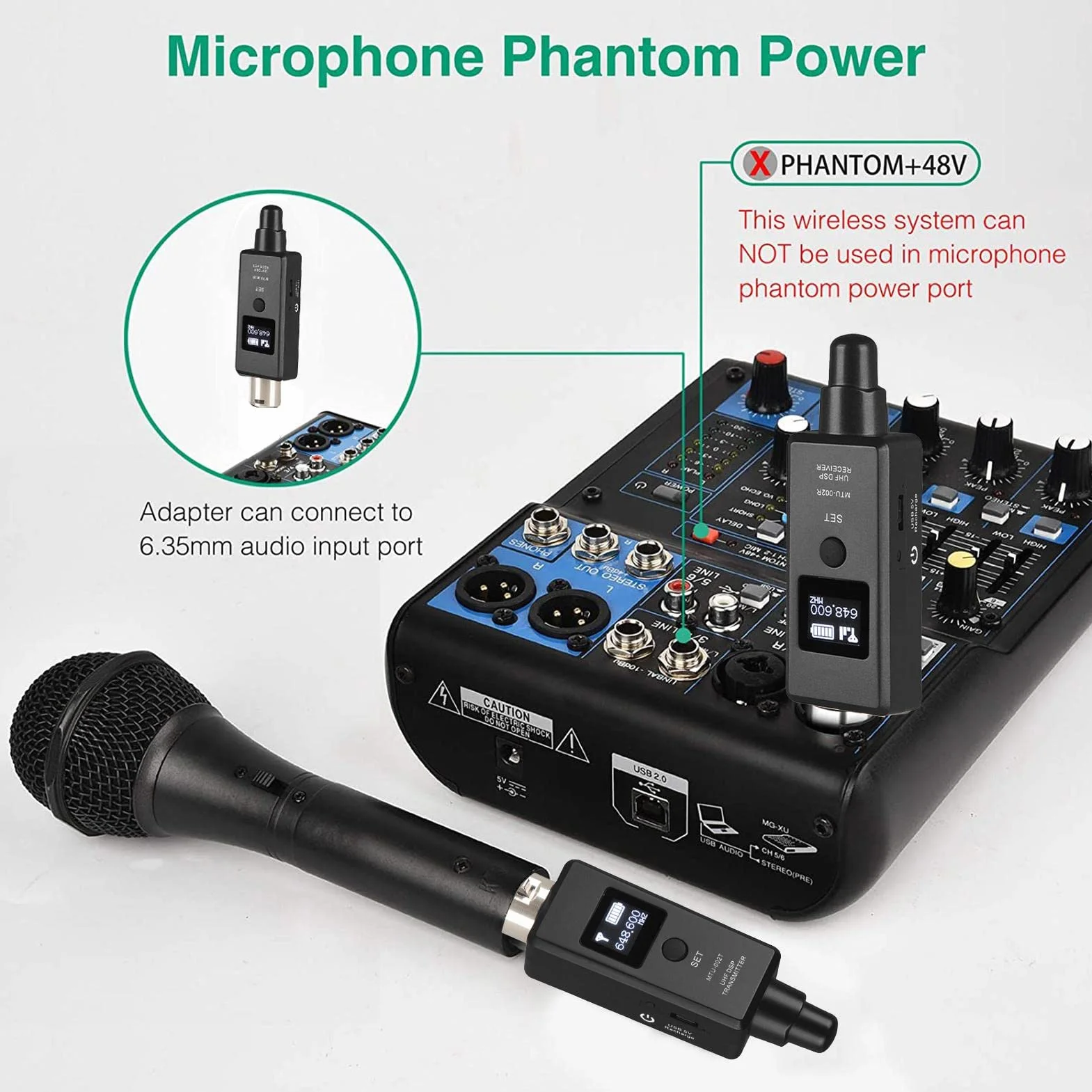 Bezprzewodowy nadajnik i odbiornik mikrofonu, bezprzewodowy adapter mikrofonowy do mikrofonu dynamicznego, miksera audio, PA, aparatu