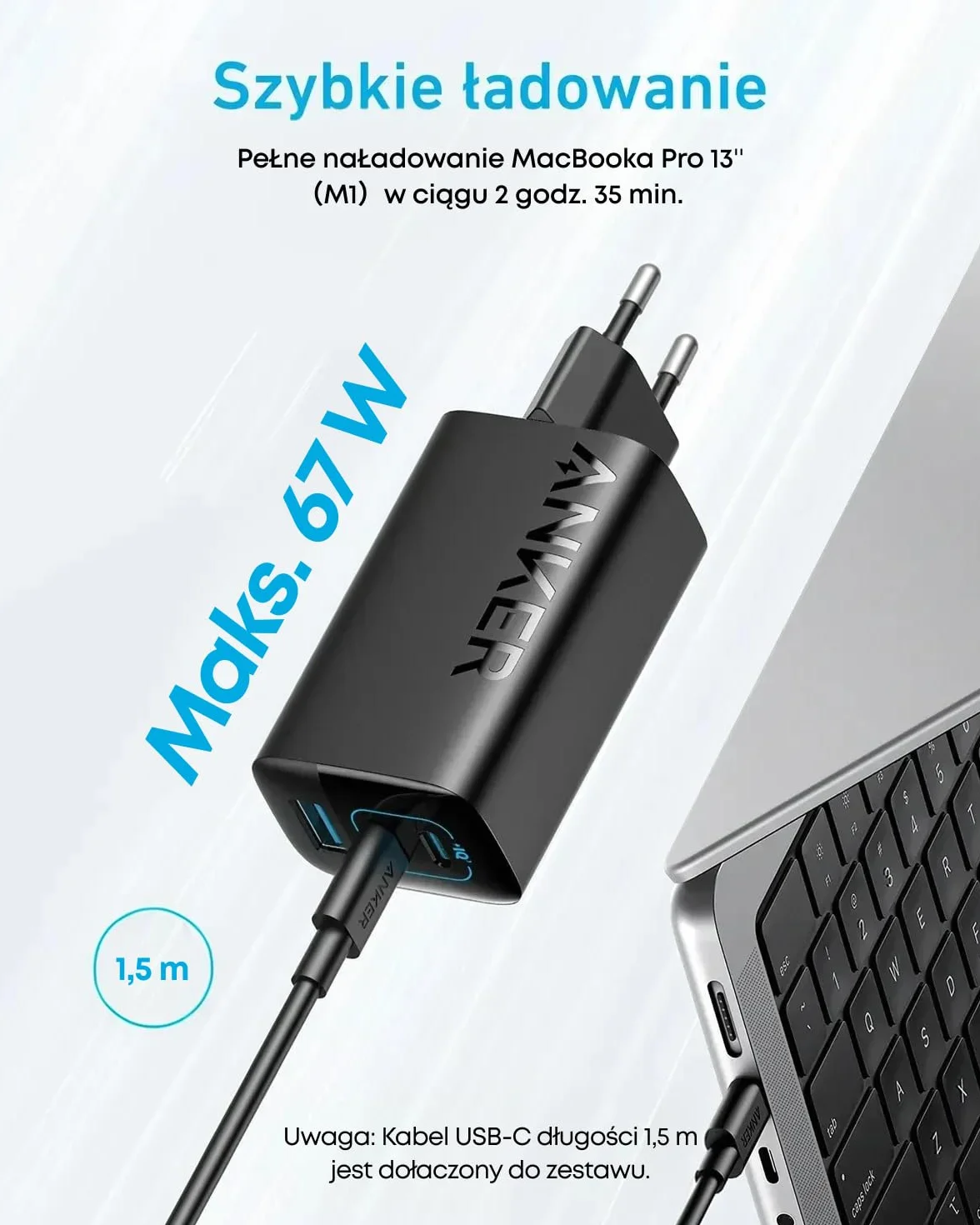 Ładowarka USB-C 67 W, Anker 335 wysokowydajny zasilacz z PIQ 3.0, 3-portowa szybka ładowarka, ładowarka PD do iPhone 16/15/14, MacBook Pro, iPad, Galaxy (kabel USB-C na USB-C w zestawie)