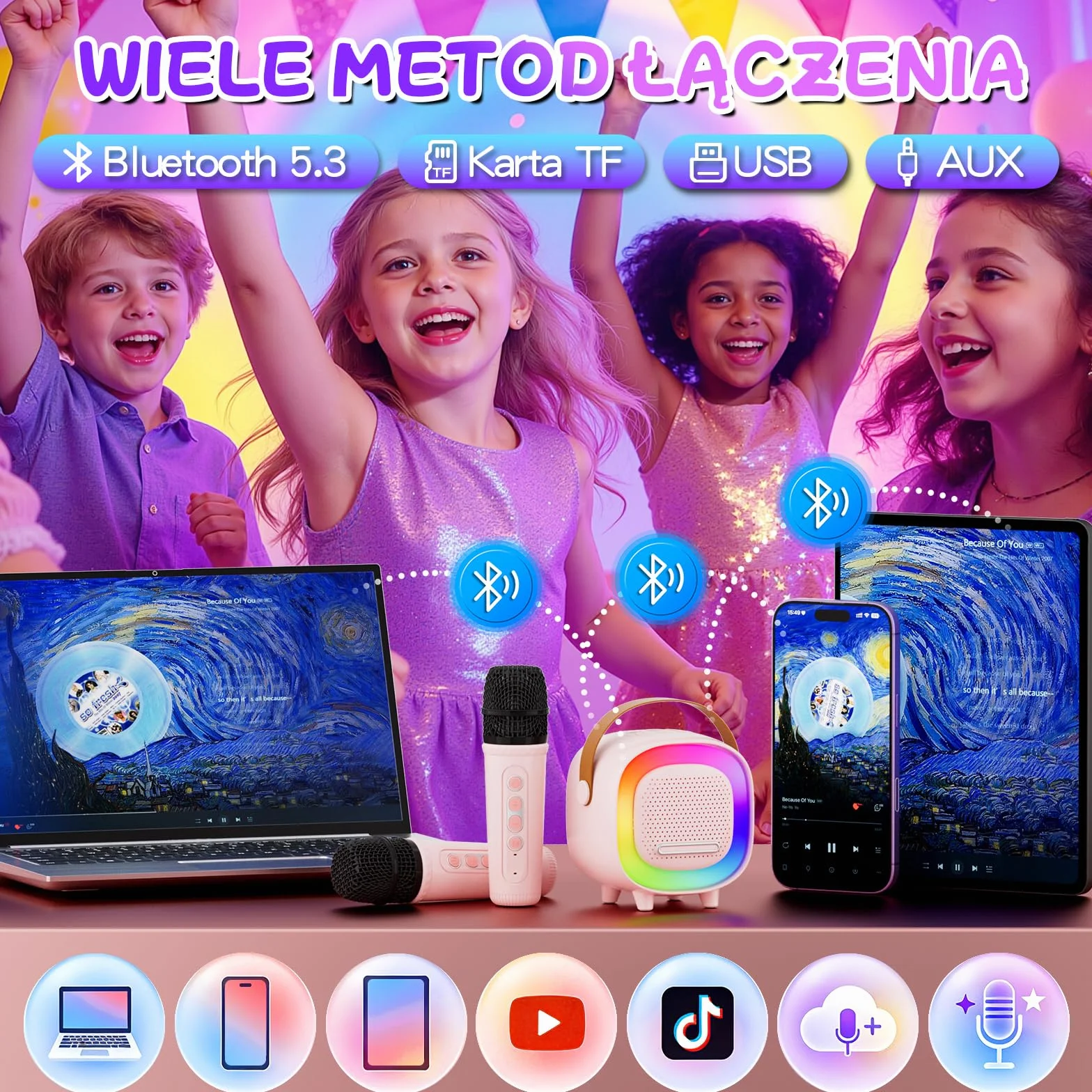 Mini Karaoke dla Dzieci i Dorosłych, 7 Trybów Efektów Dźwiękowych 6 Trybów Podświetlenia, Przenośny Głośnik Bluetooth z 2 Mikrofonami Bezprzewodowymi, Prezenty Świąteczne i Urodzinowe