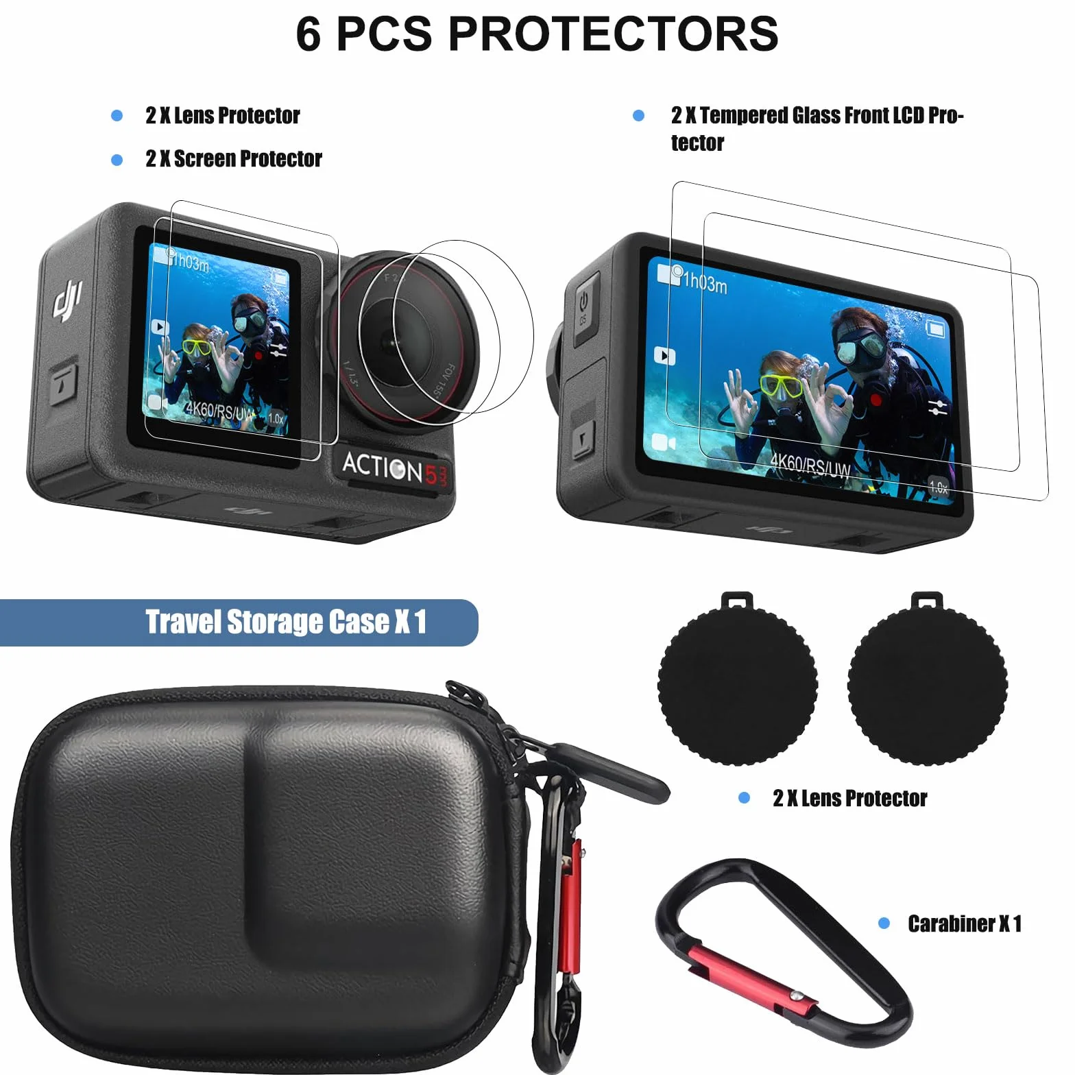 DJI Osmo Action 5 Pro Case Kit, torba do noszenia, folia ochronna na wyświetlacz 9H, silikonowa osłona obiektywu – odporna na uderzenia, zarysowania, pyłoszczelna, wszechstronna ochrona