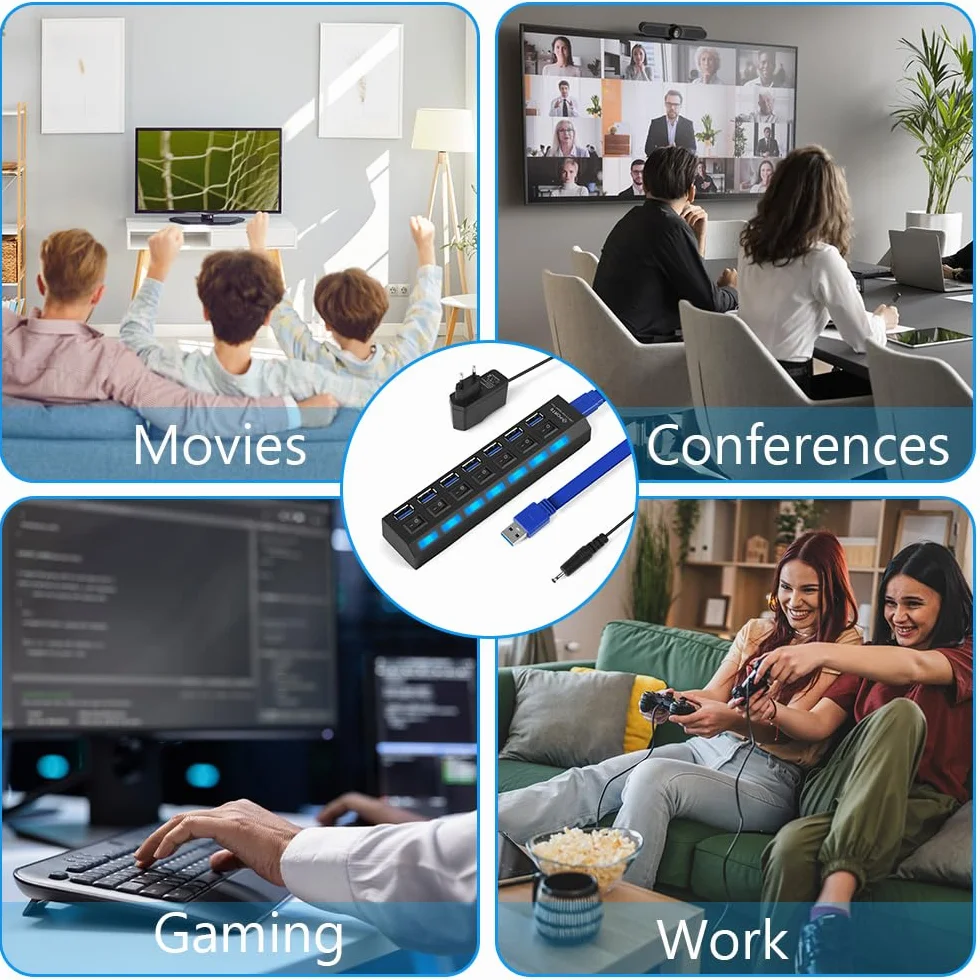 OFFCUP Hub USB 7 portów z zasilaczem, rozdzielaczem USB, aktywnym hubem USB 3.0+2.0 z indywidualnymi przełącznikami i wyświetlaczem LED, plug & play, do laptopów, komputerów MacBook i innych urzą