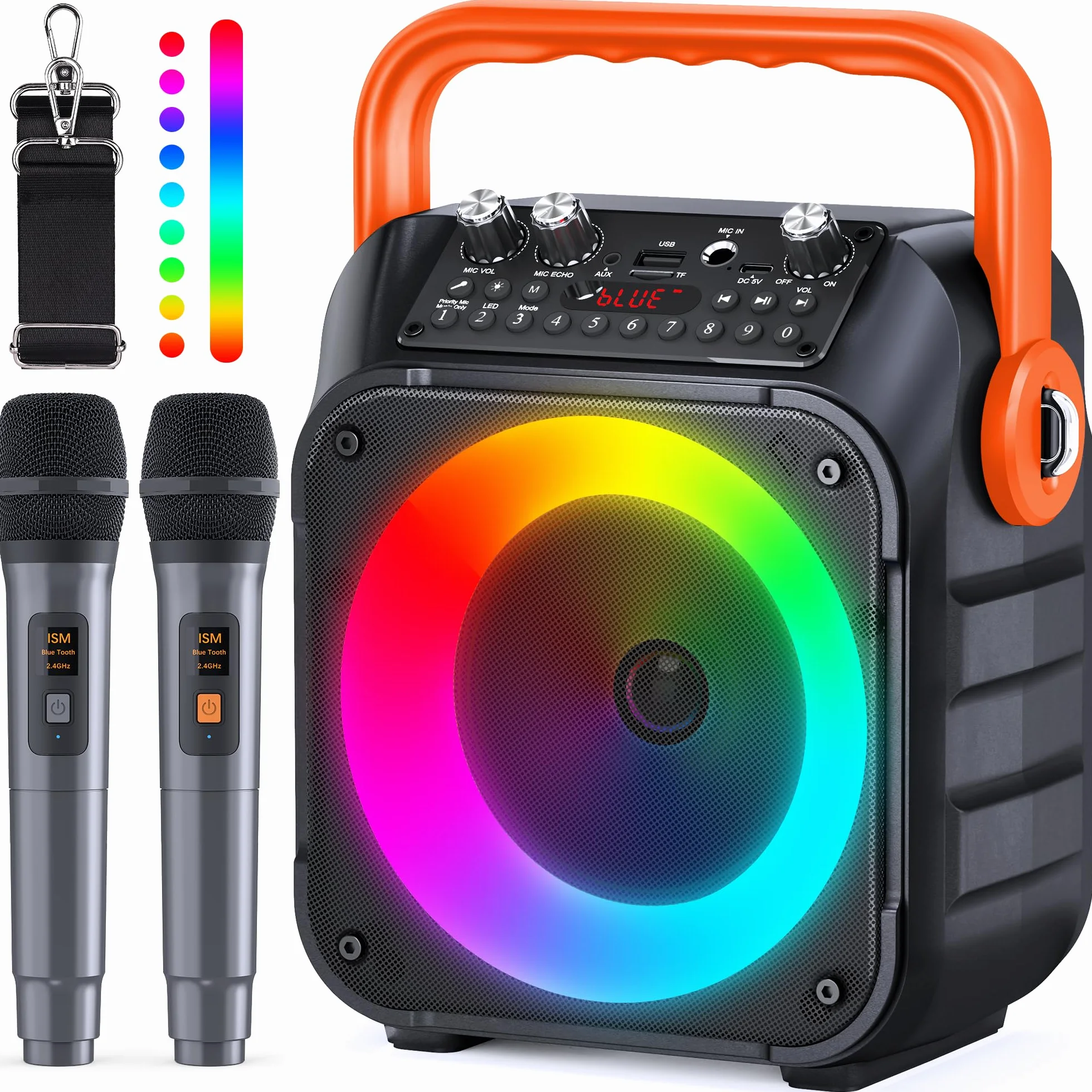 Maszyna do karaoke z dwoma mikrofonami bezprzewodowymi, przenośna maszyna do karaoke dla dorosłych i dzieci, przenośny głośnik Bluetooth z systemem PA, światła LED, obsługuje karty TF/USB, wejście