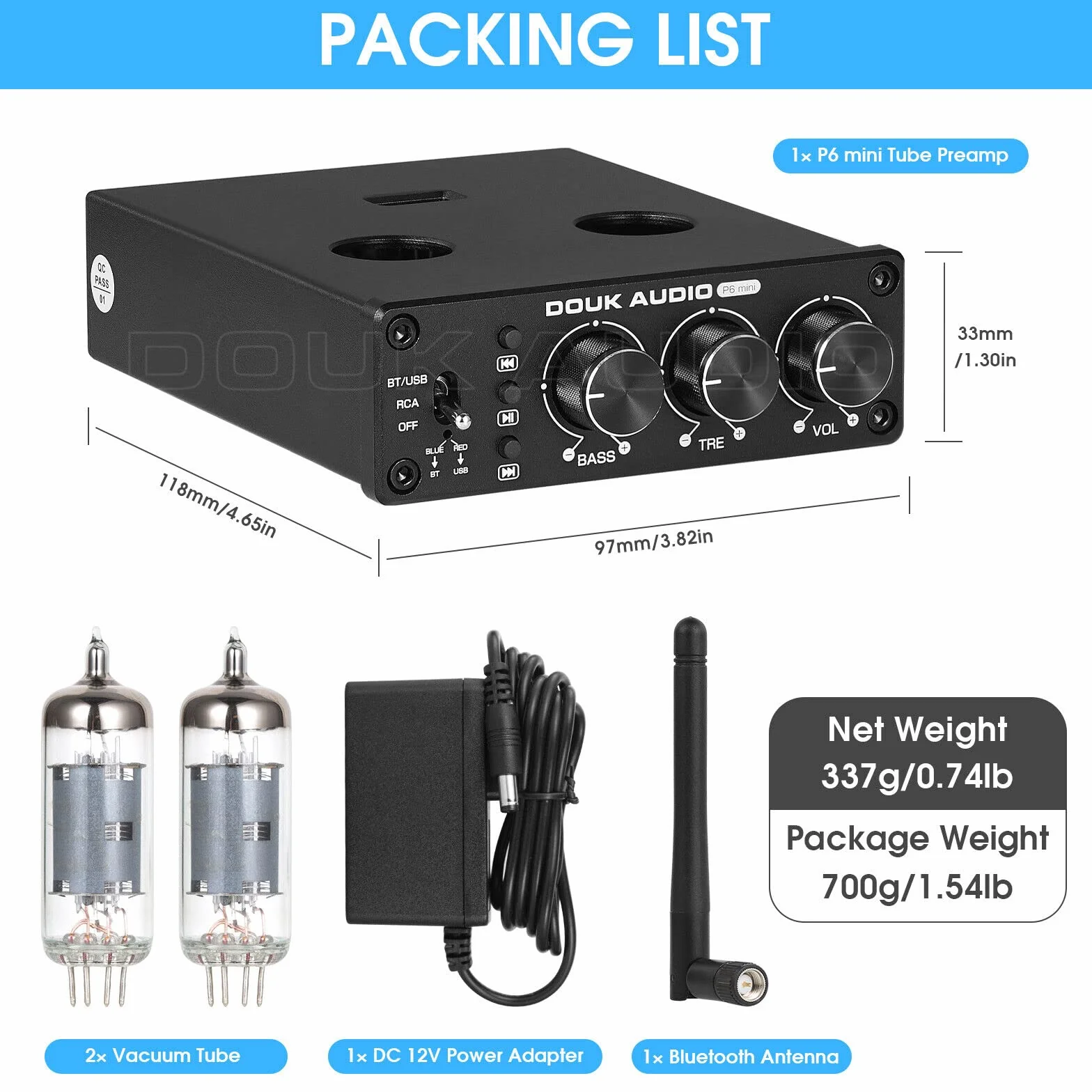 Douk Audio P6-mini HiFi Bluetooth przedwzmacniacz lampowy Mini Stereo Valve przedwzmacniacz Tube Preamp z kontrolą tonów wysokich i niskich do domowego systemu kinowego